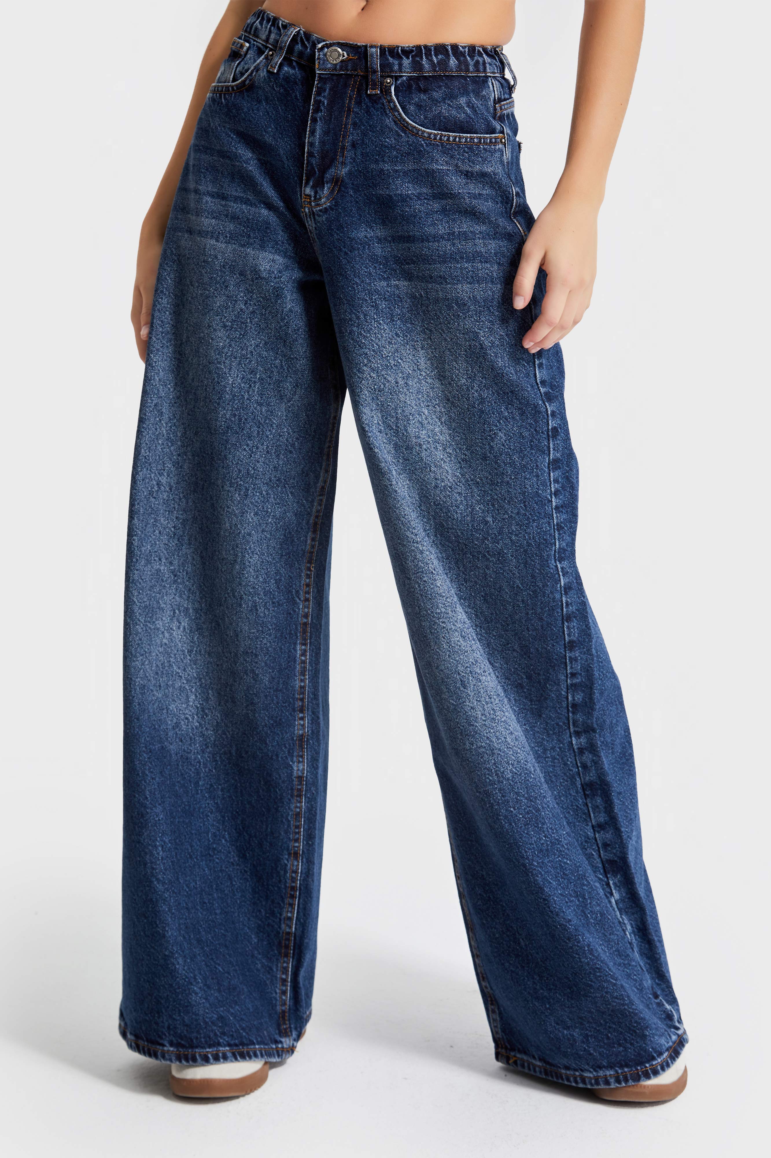 Women's Denim Color Palazzo Fit Elastic Waist Denim