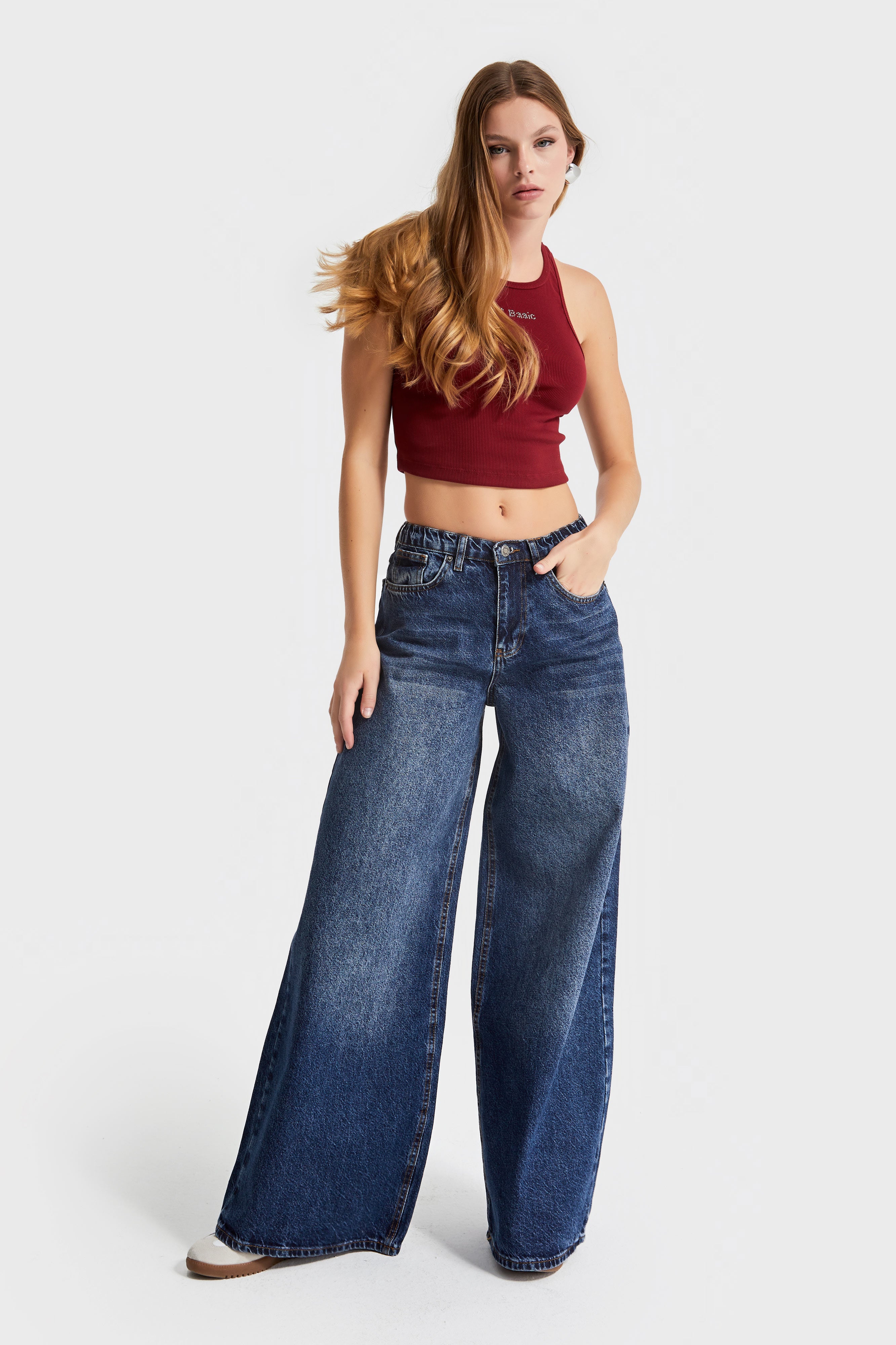 Women's Denim Color Palazzo Fit Elastic Waist Denim