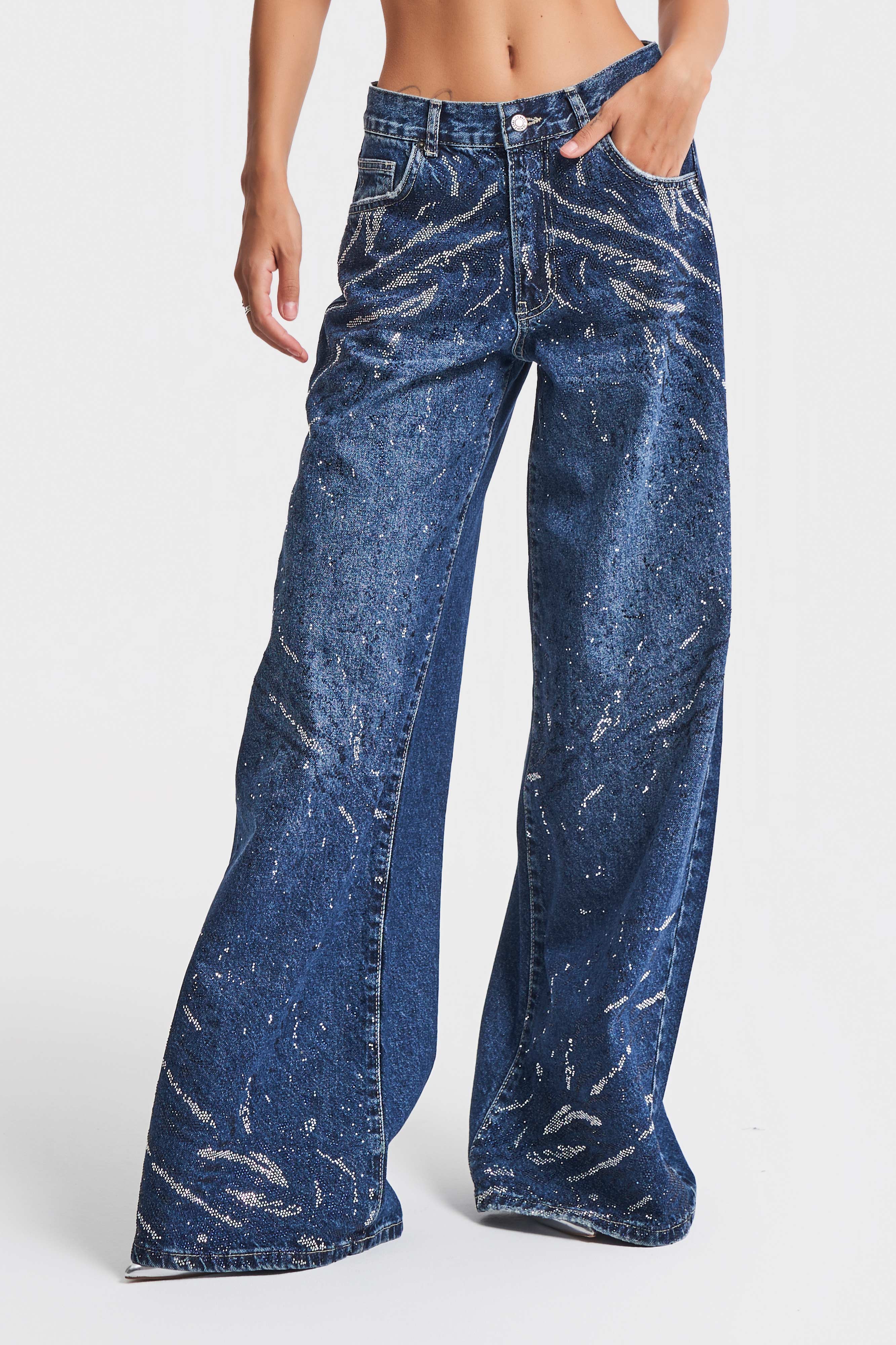 Women's Denim Color Shiny Stone Detailed Palazzo Fit Design Denim