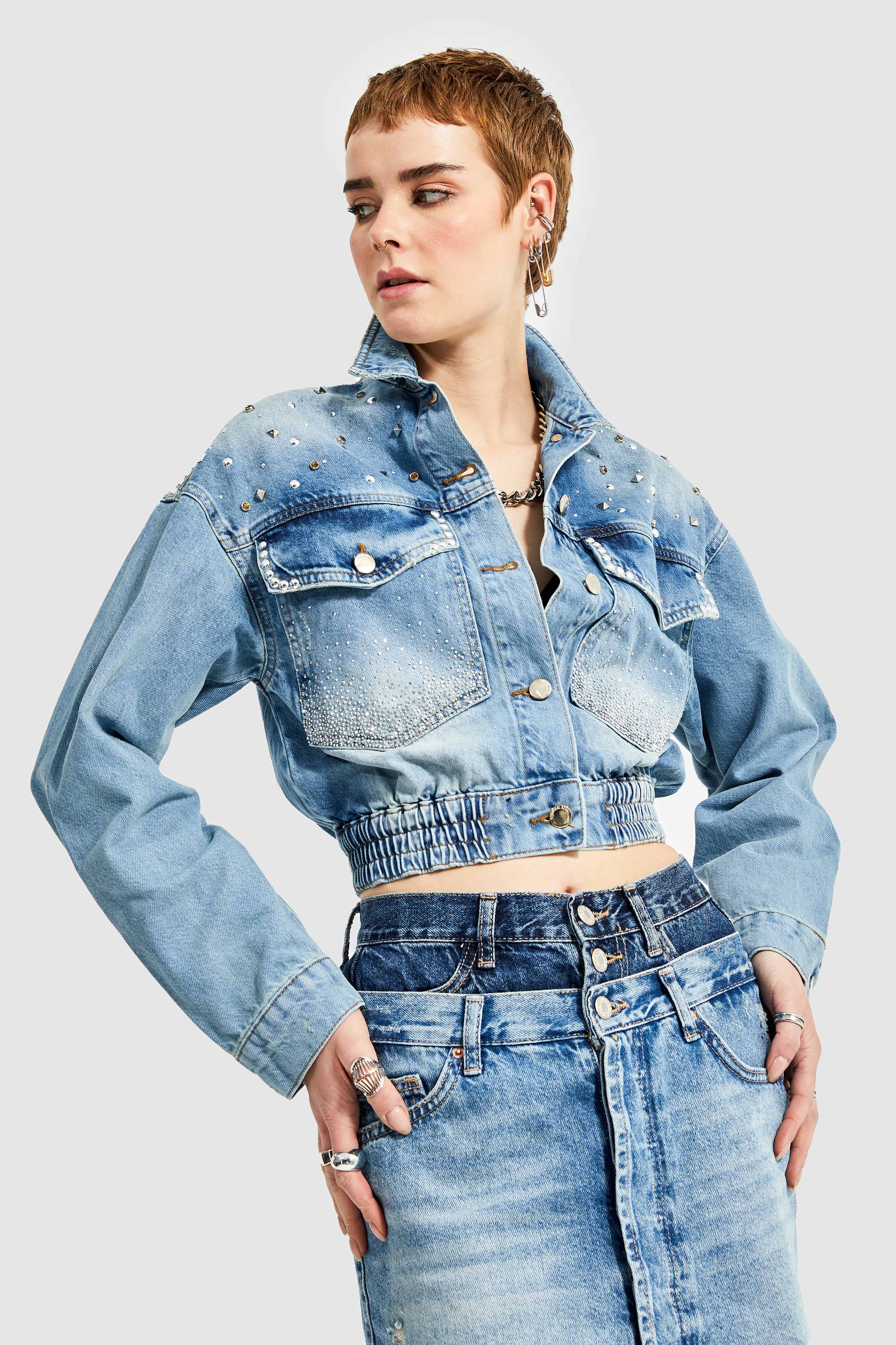 Women's Denim Color Shiny Stone Hand Embroidered Design Denim Bomber Jacket