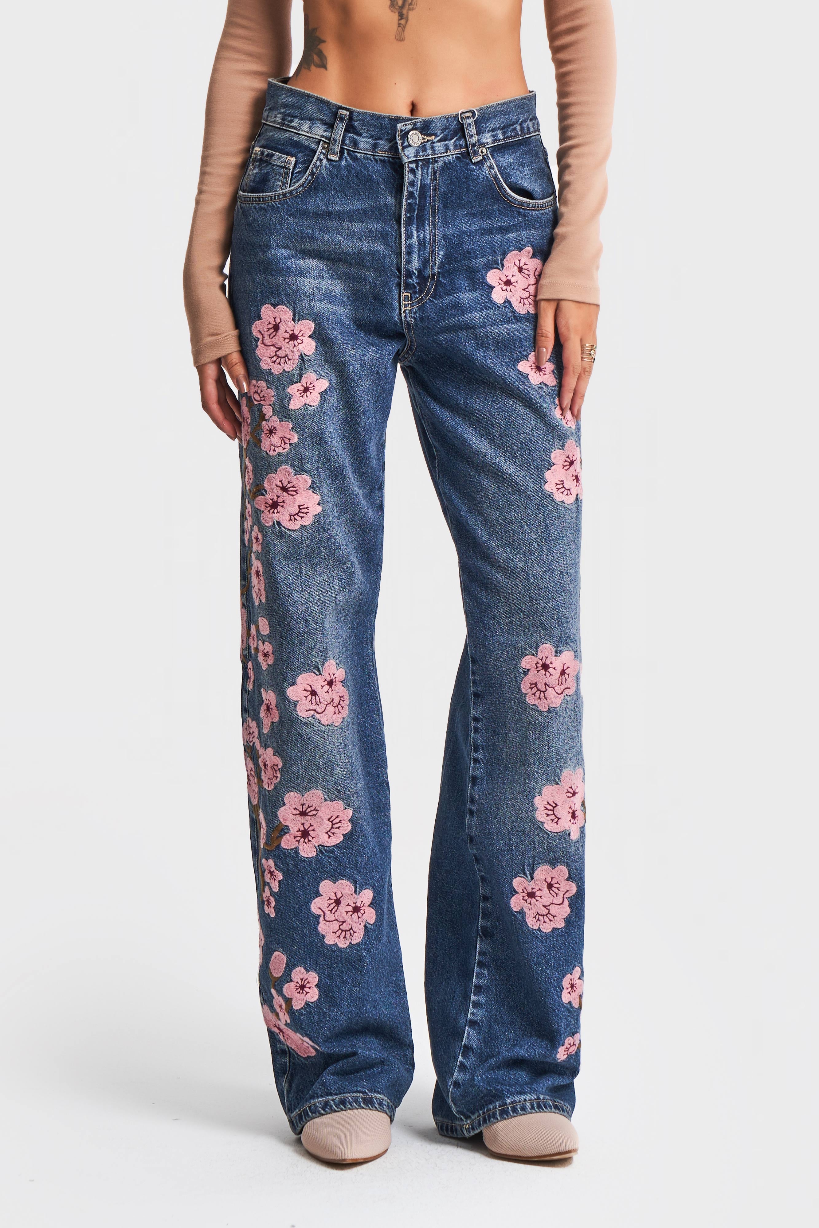 Women's Jeans Color Pink Floral Embroidered Loose Fit Design Denim