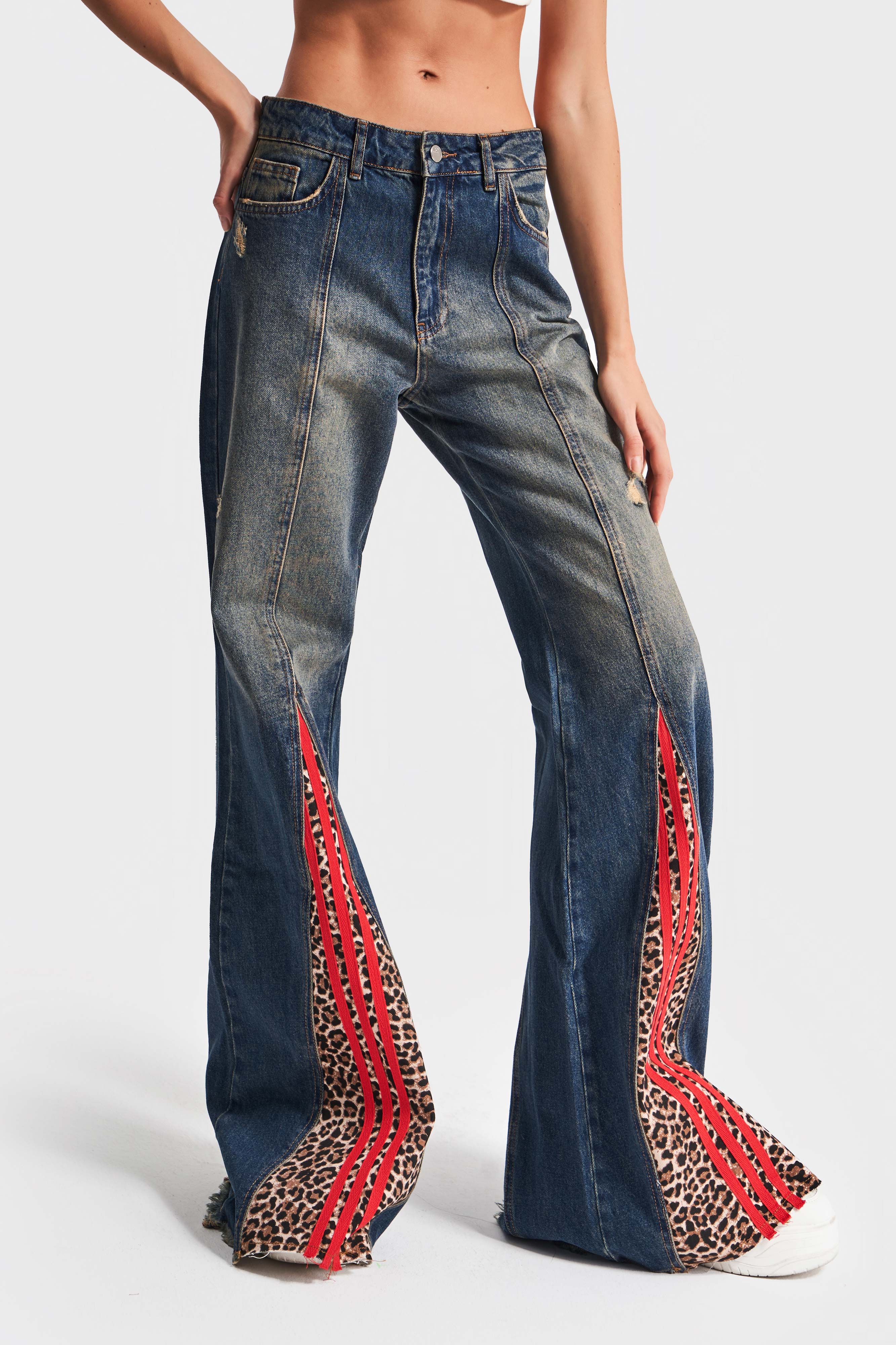 Women's Denim Color Stripe and Leopard Detailed Design Flare Denim