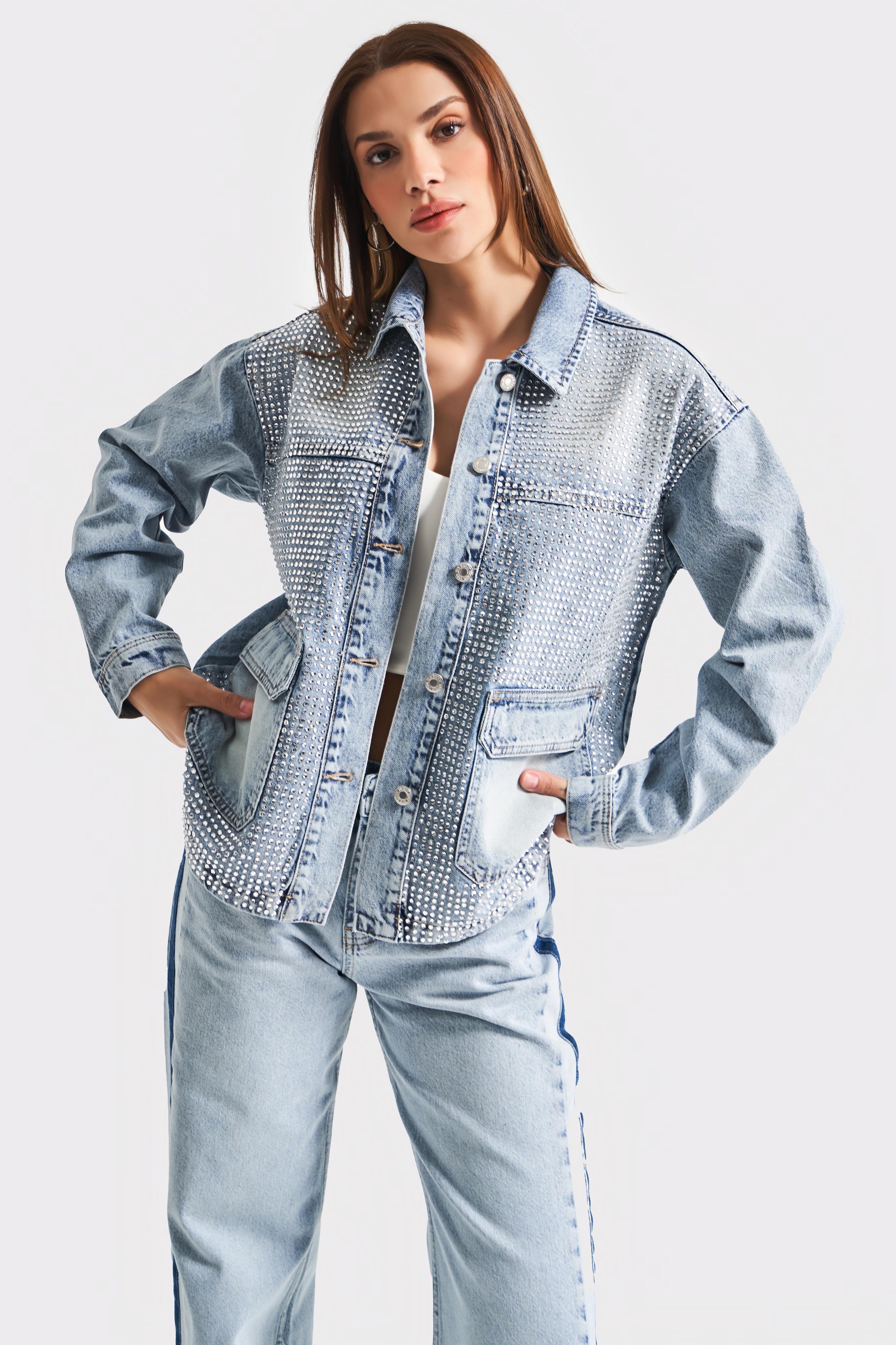 Women's Denim Color T-4S5-27 Shiny Stone Oversize 100% Cotton Side Pocket Design Denim Jacket