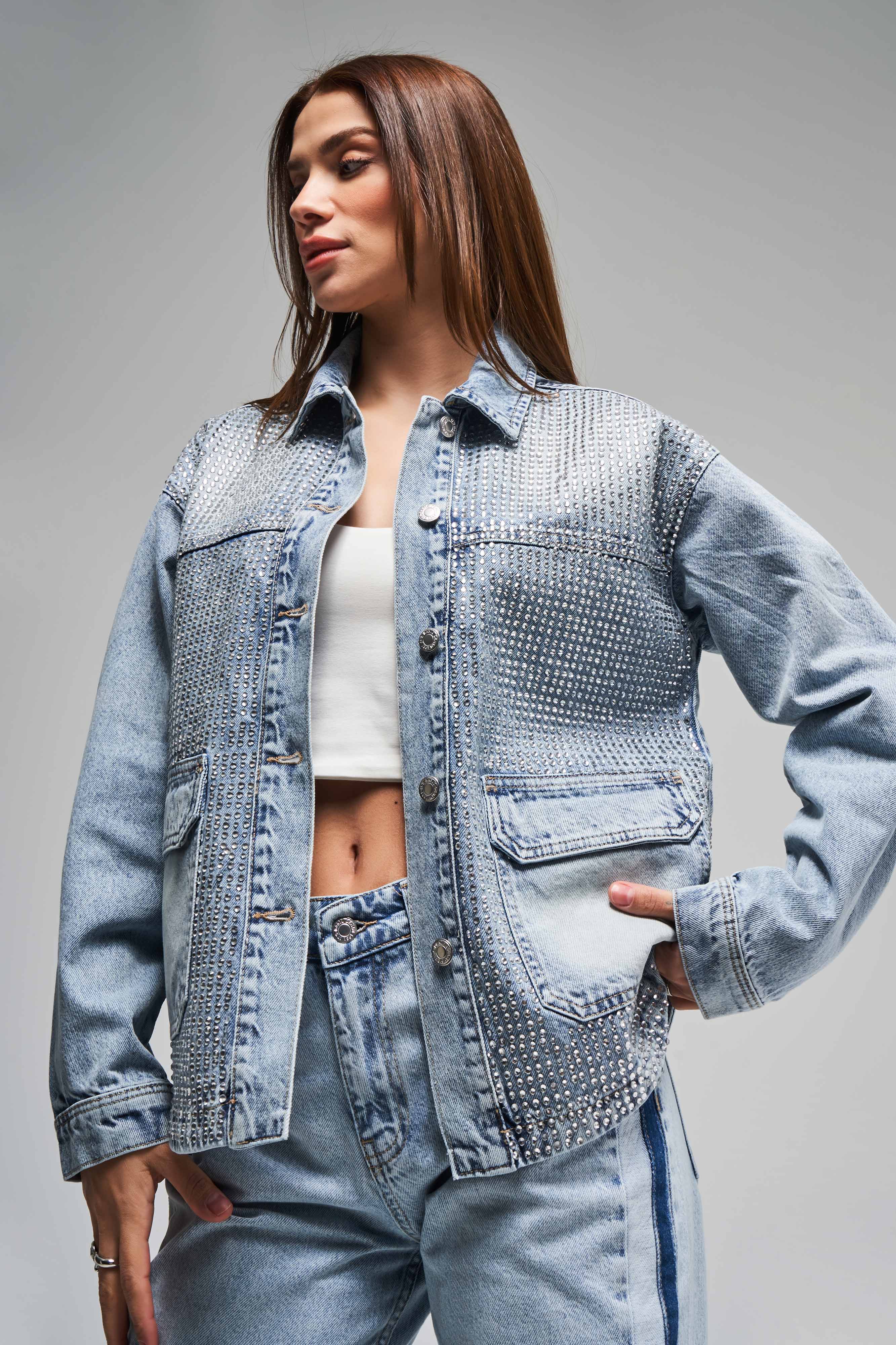 Kadın Kot Rengi T-4S5-27 Parlak Taşlı Oversize %100 Koton Yandan Cepli Tasarım Denim Ceket