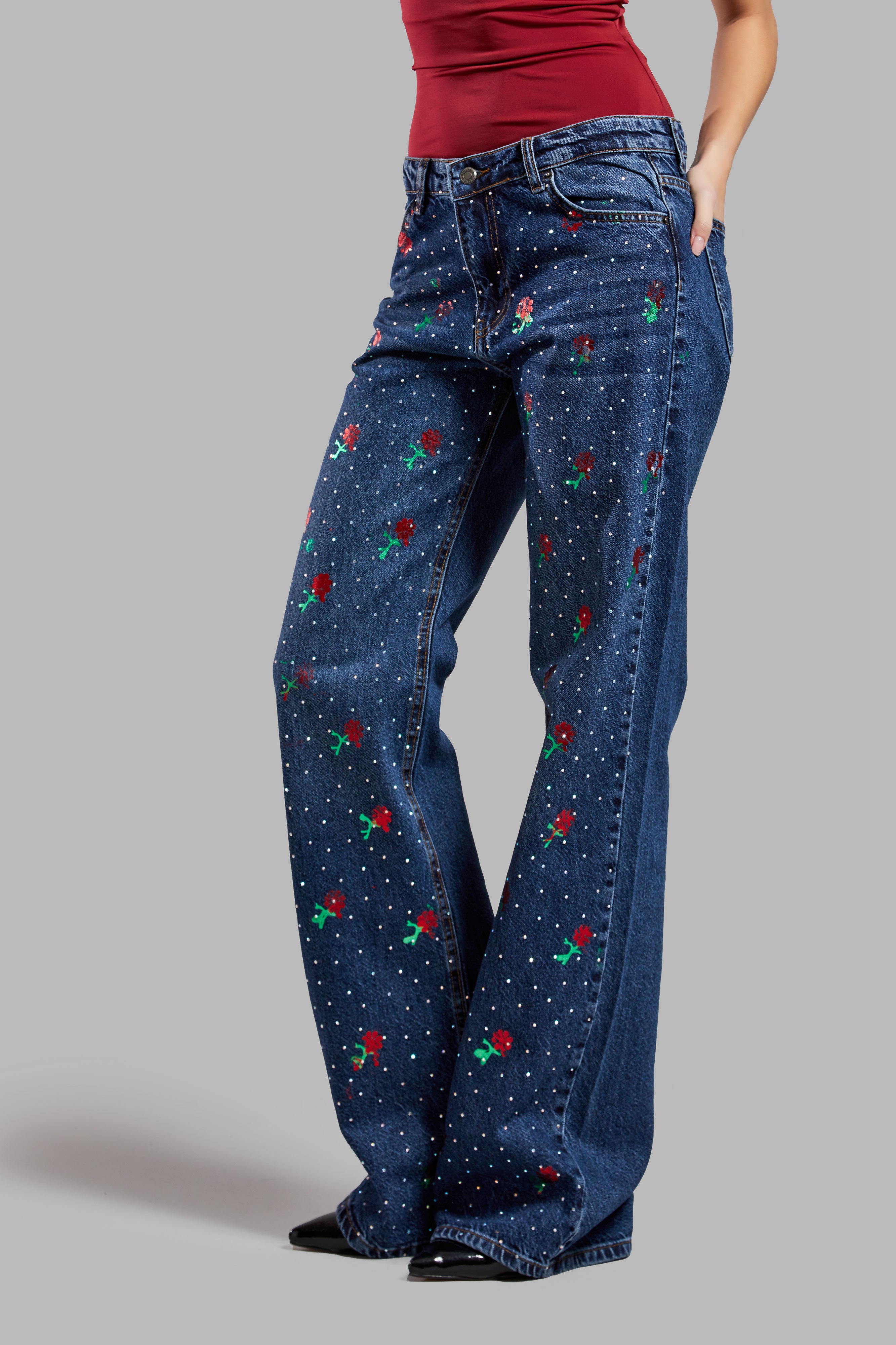 Women's Jeans Color T2w48 Floral Printed Shiny Stone Loose Fit Design Denim