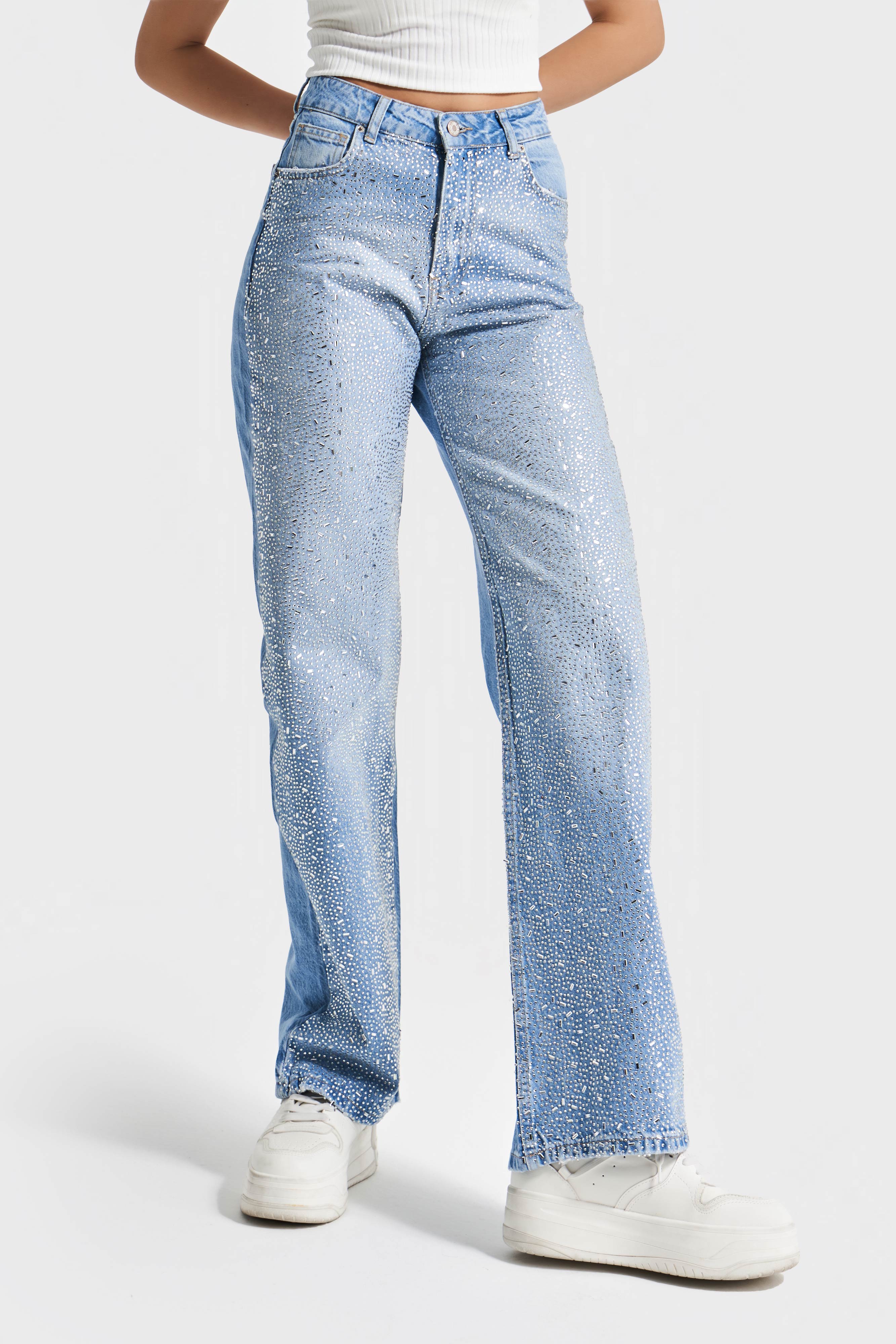 Kadın Kot Rengi T6-2S5-3 Önü Parlak Taşlı Straight Fit %100 Koton Tasarım Denim Jean