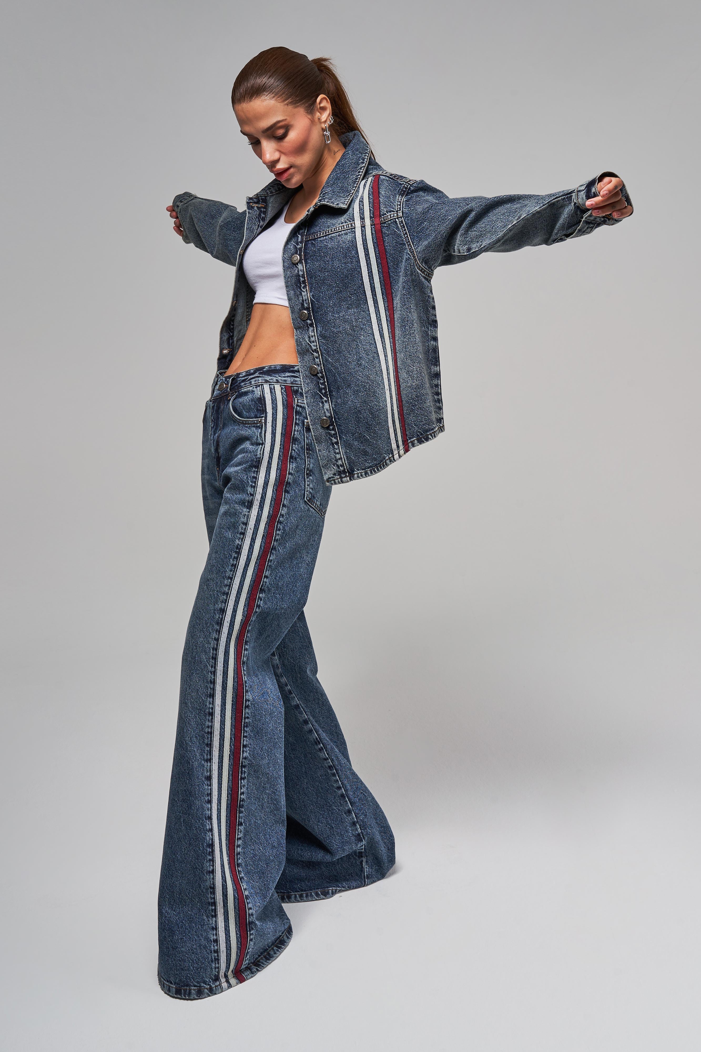 Women's Denim Color Side Stripe Detail Loose Flare Design Denim