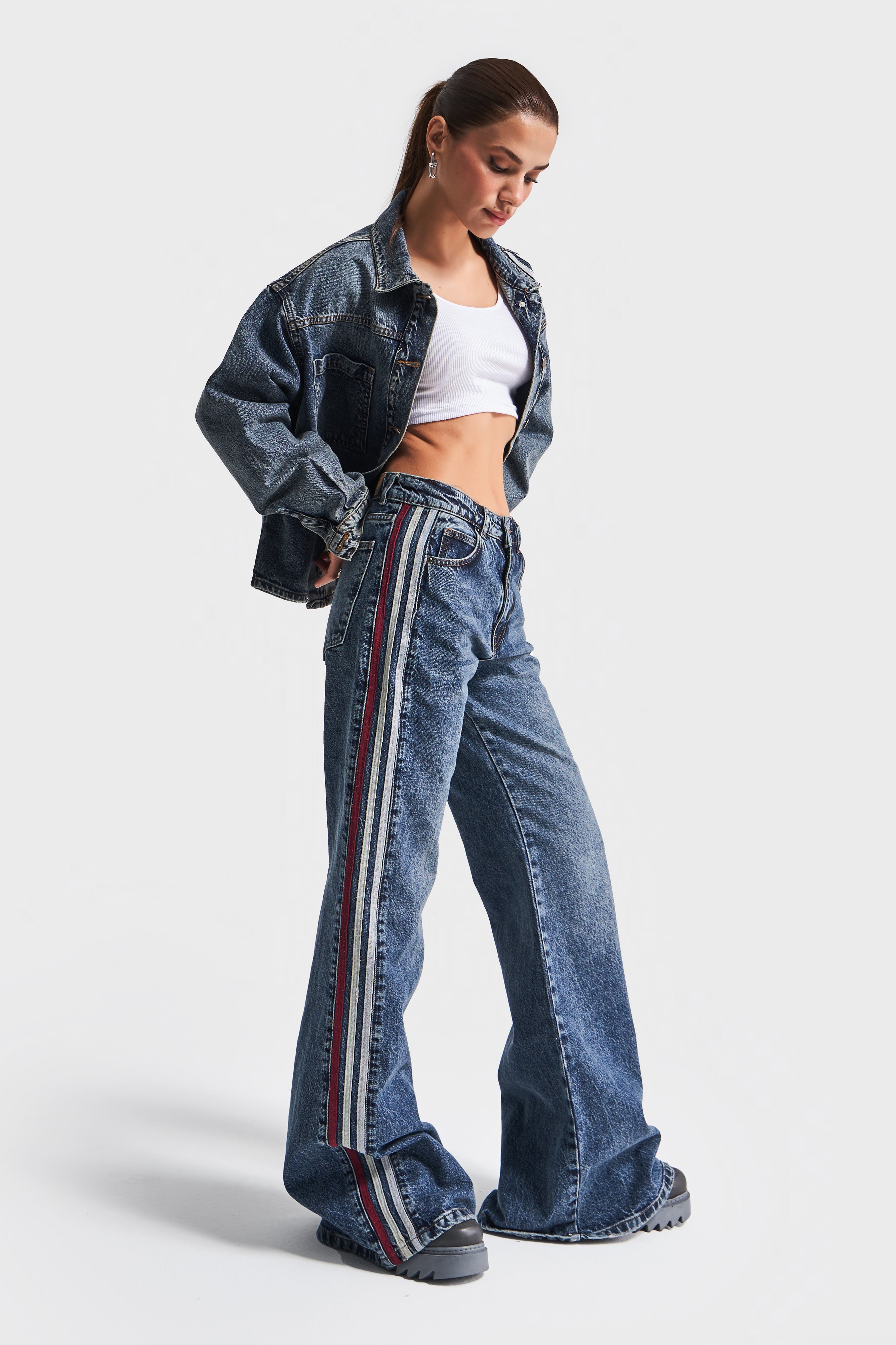 Women's Denim Color Side Stripe Detail Loose Flare Design Denim