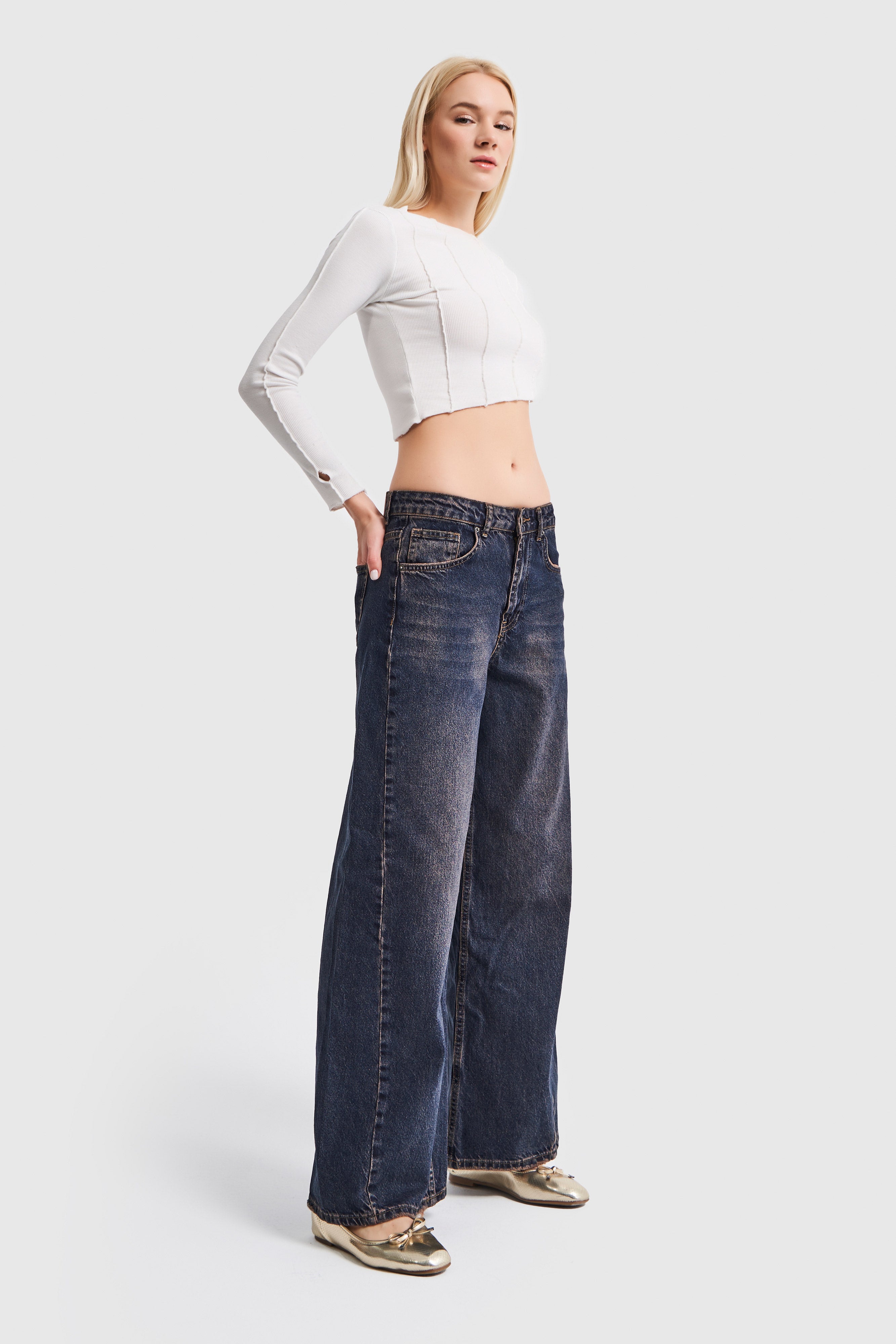 Women's Jeans Tint Color Low Waist Super Wide Leg Fit Denim Pants