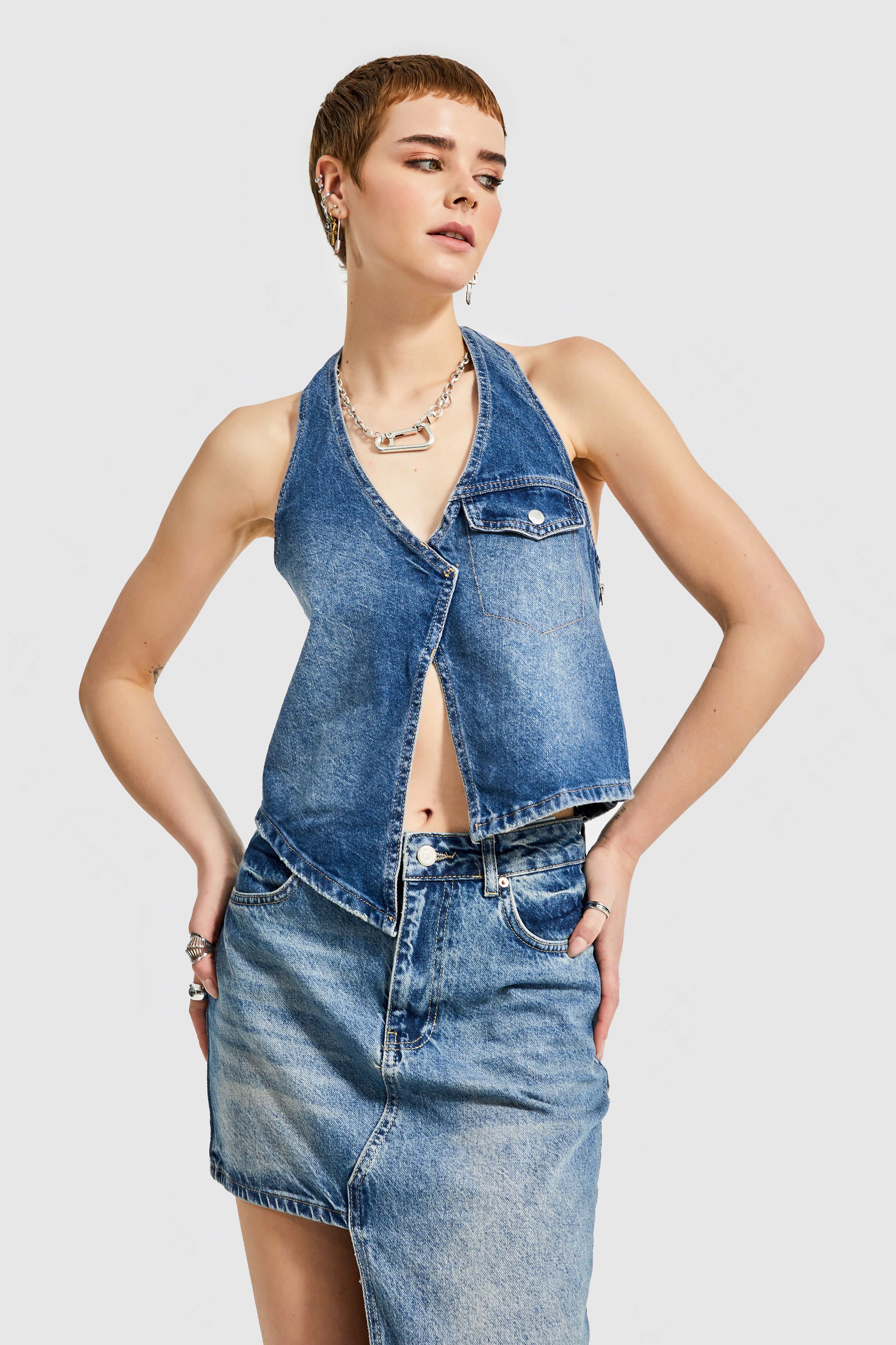 Women's Denim Tint Color Backless Denim Vest