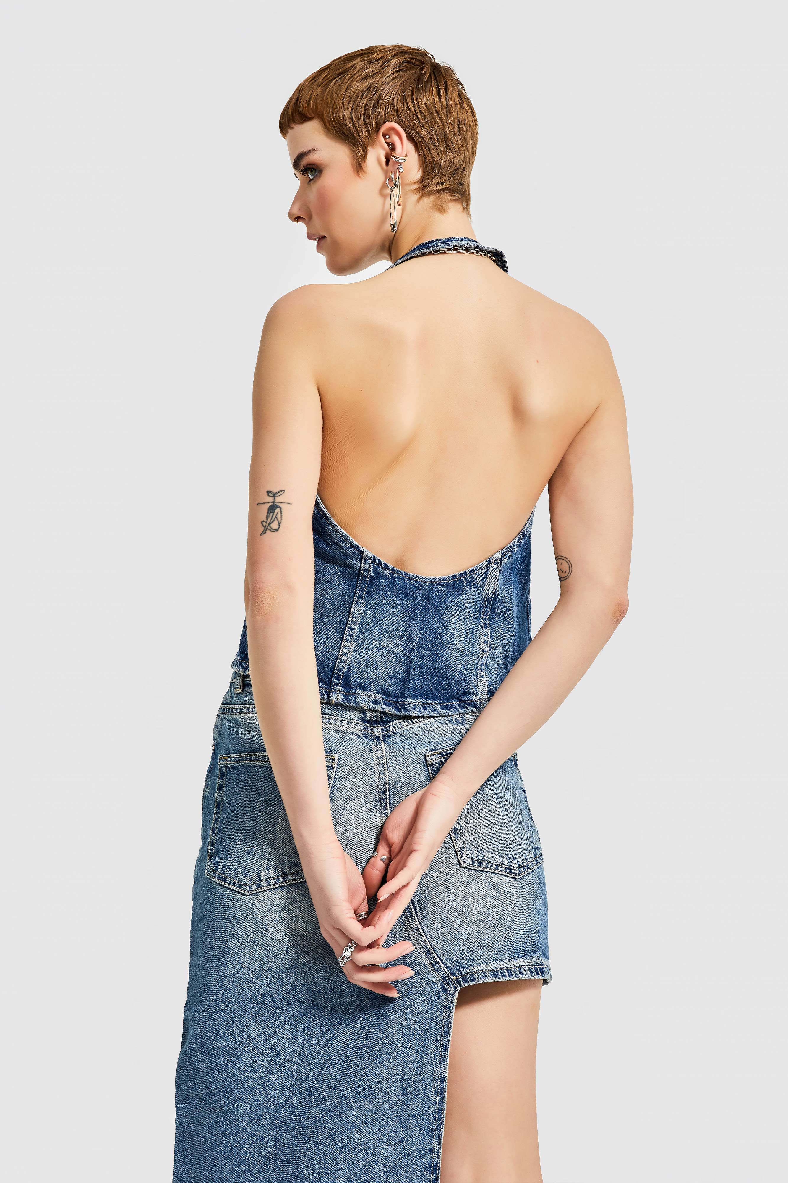 Women's Denim Tint Color Backless Denim Vest