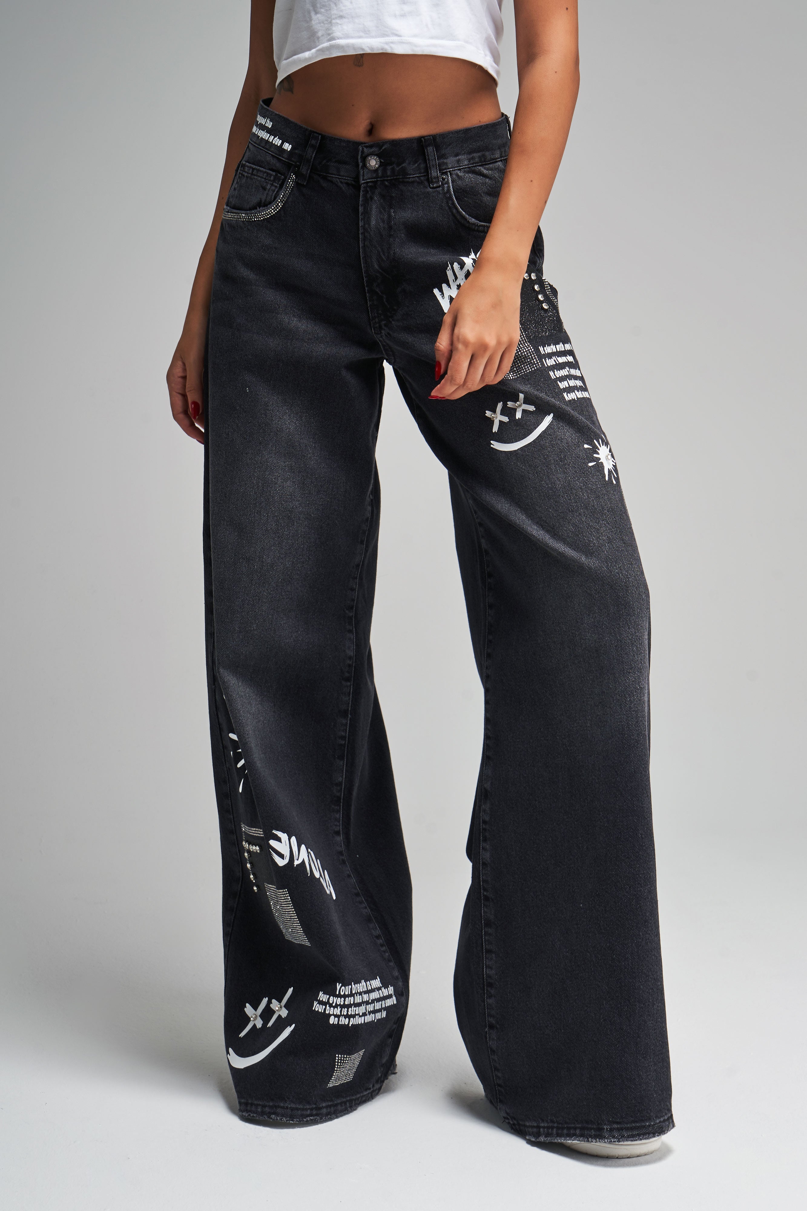 Women's Dark Smoke Color Printed Shiny Stone Palazzo Fit Design Denim