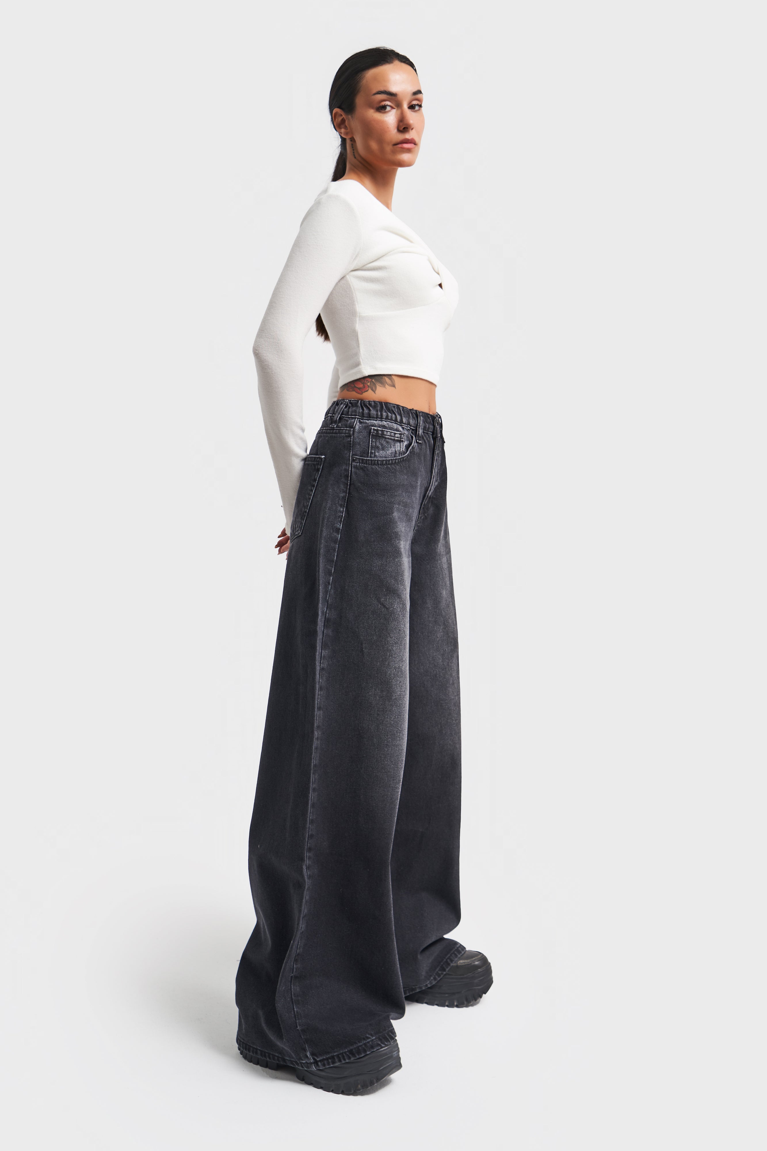 Women's Dark Smoke Color Palazzo Fit Elastic Waist Denim