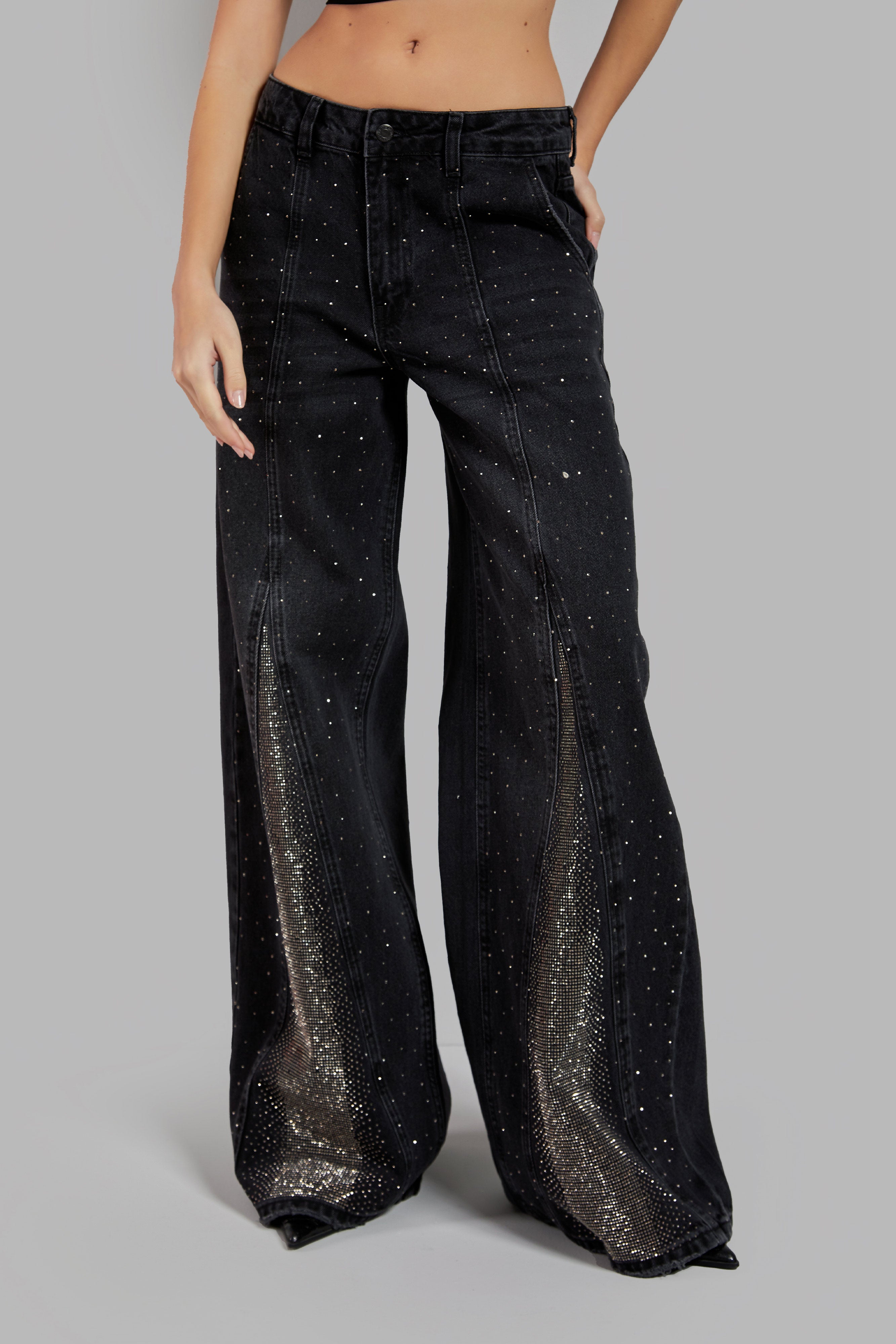 Women's Dark Smoke Color Palazzo Fit Shiny Stone Design Denim