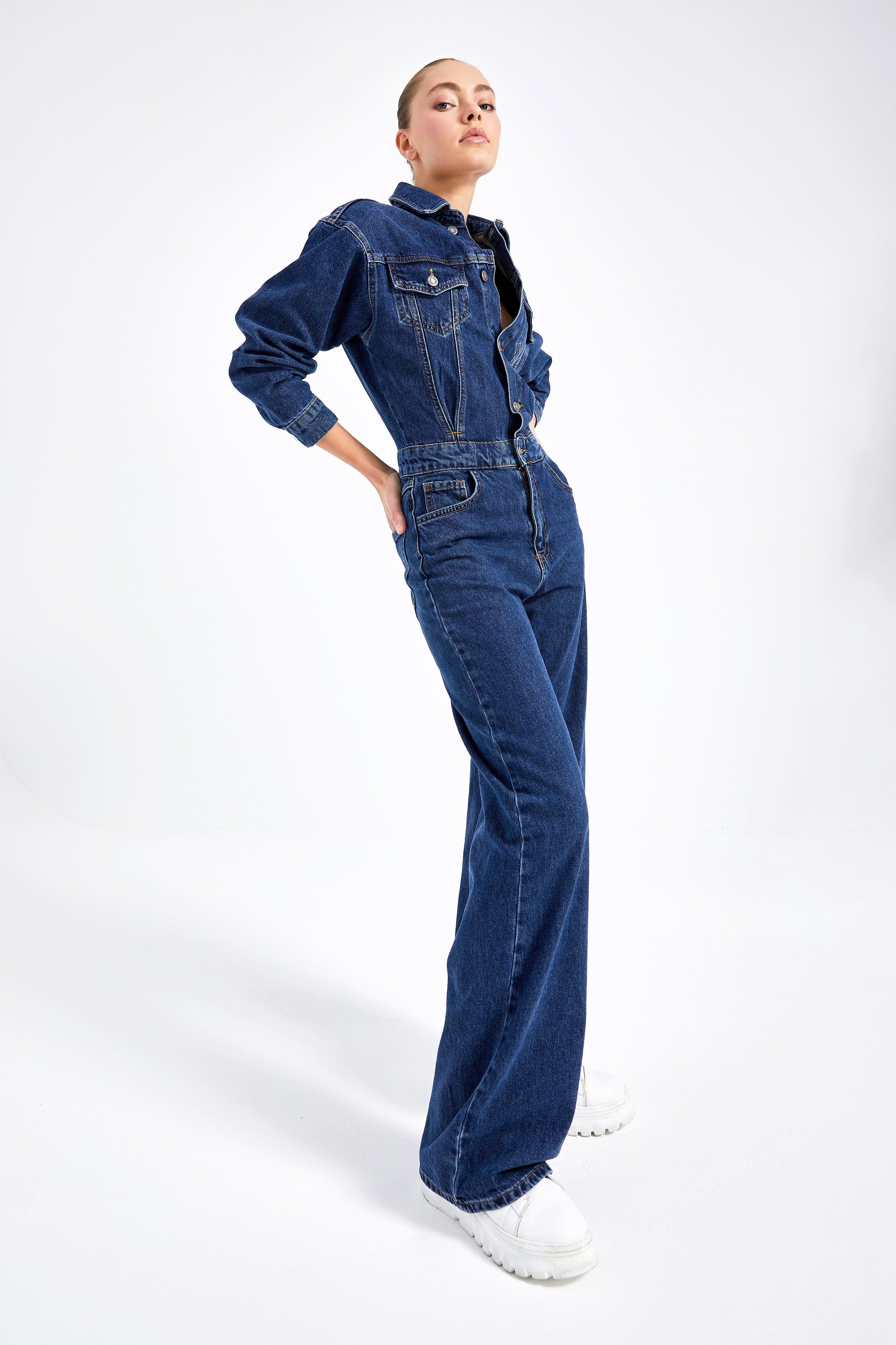 Women's Dark Blue Color 100% Cotton Loose Cut Denim Overalls Slopet