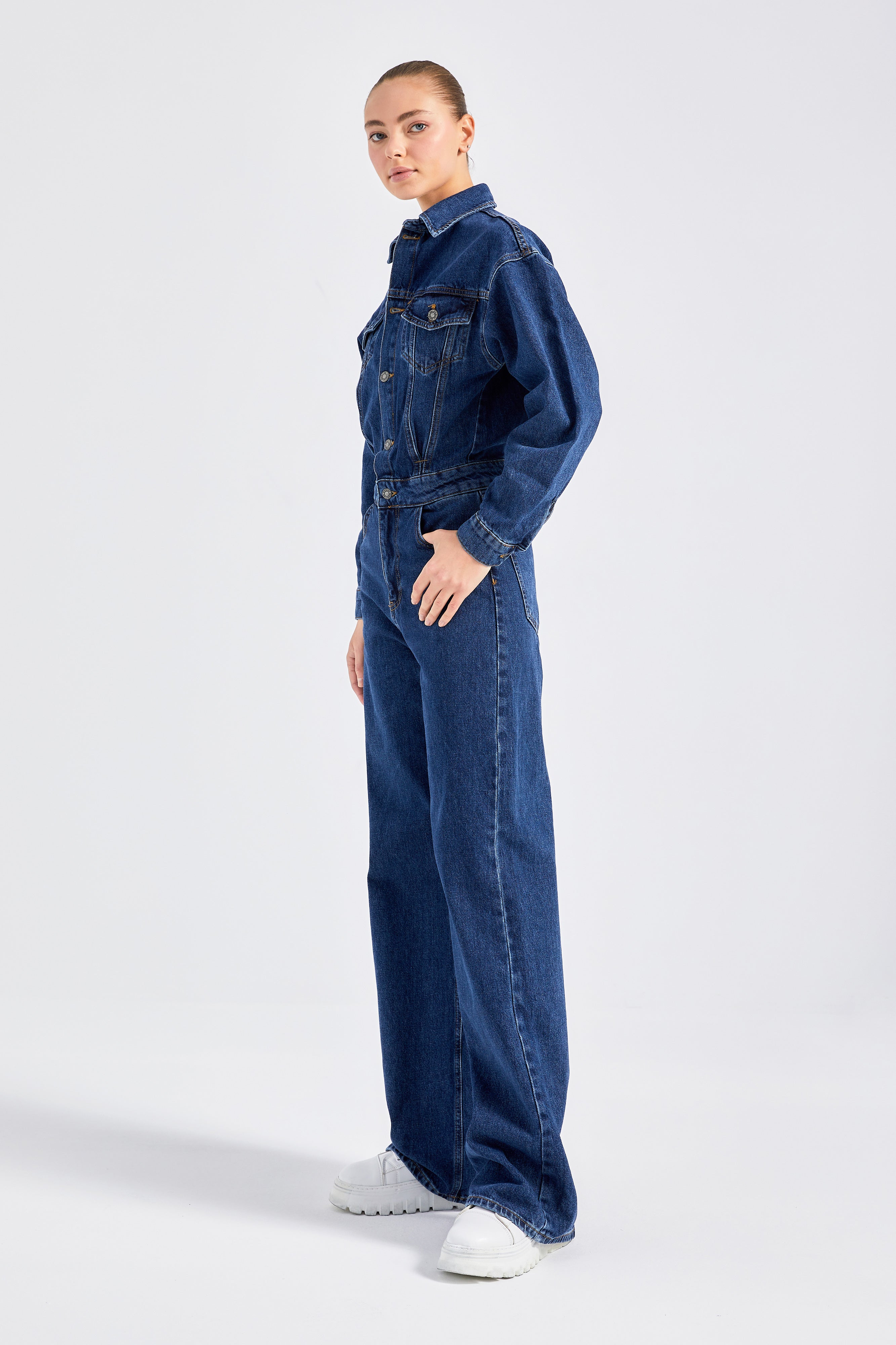 Women's Dark Blue Color 100% Cotton Loose Cut Denim Overalls Slopet