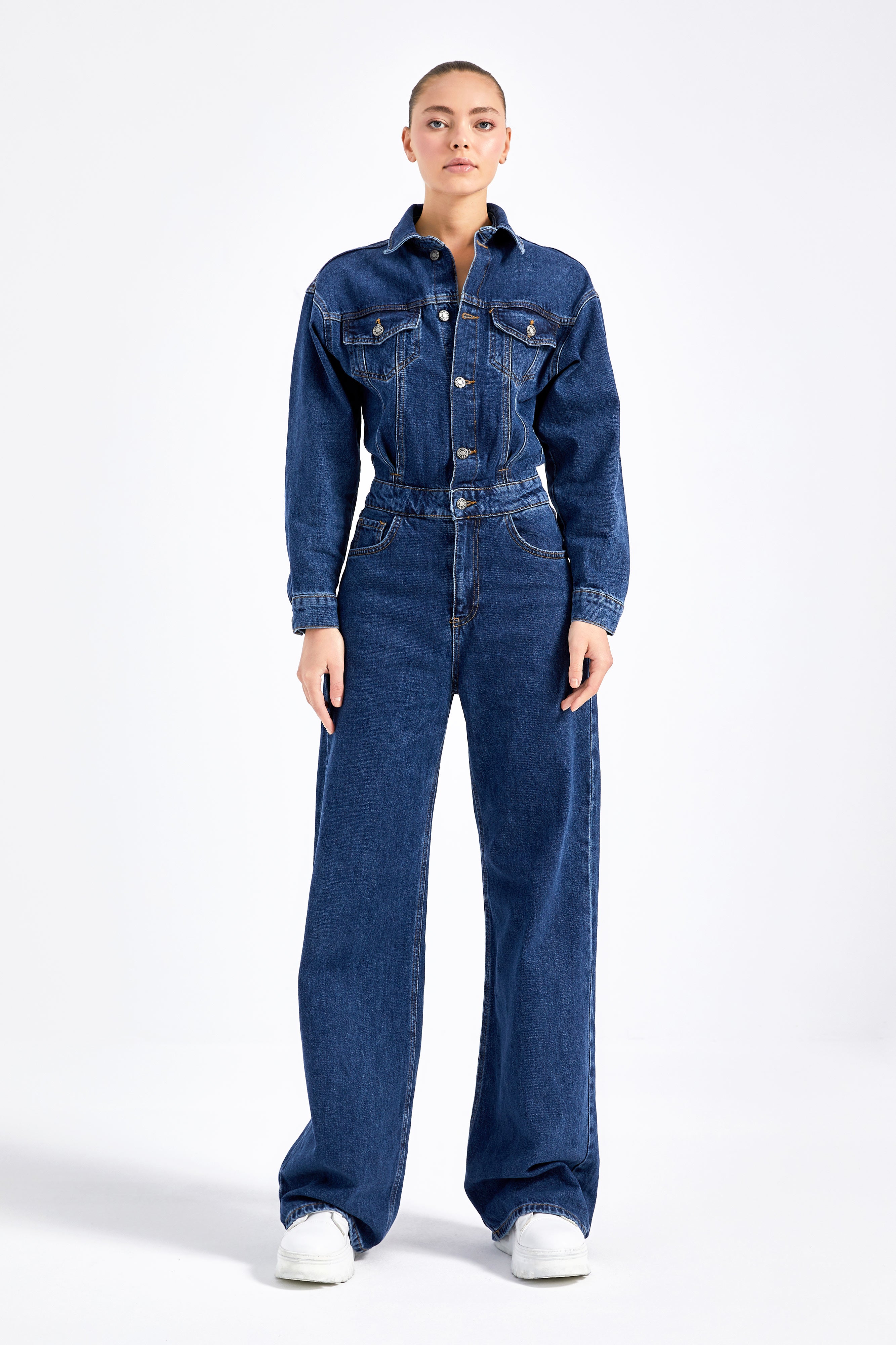 Women's Dark Blue Color 100% Cotton Loose Cut Denim Overalls Slopet