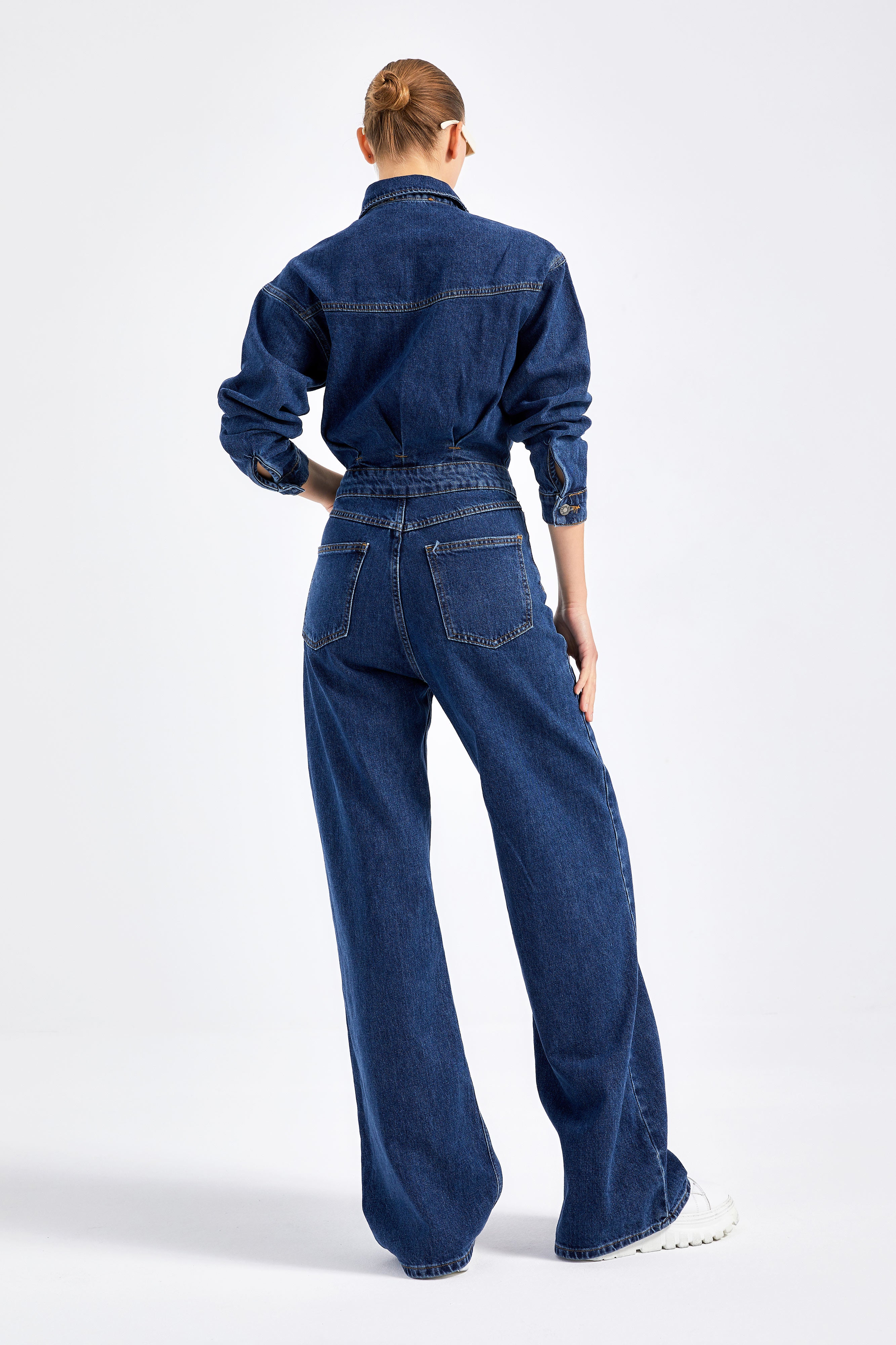 Women's Dark Blue Color 100% Cotton Loose Cut Denim Overalls Slopet