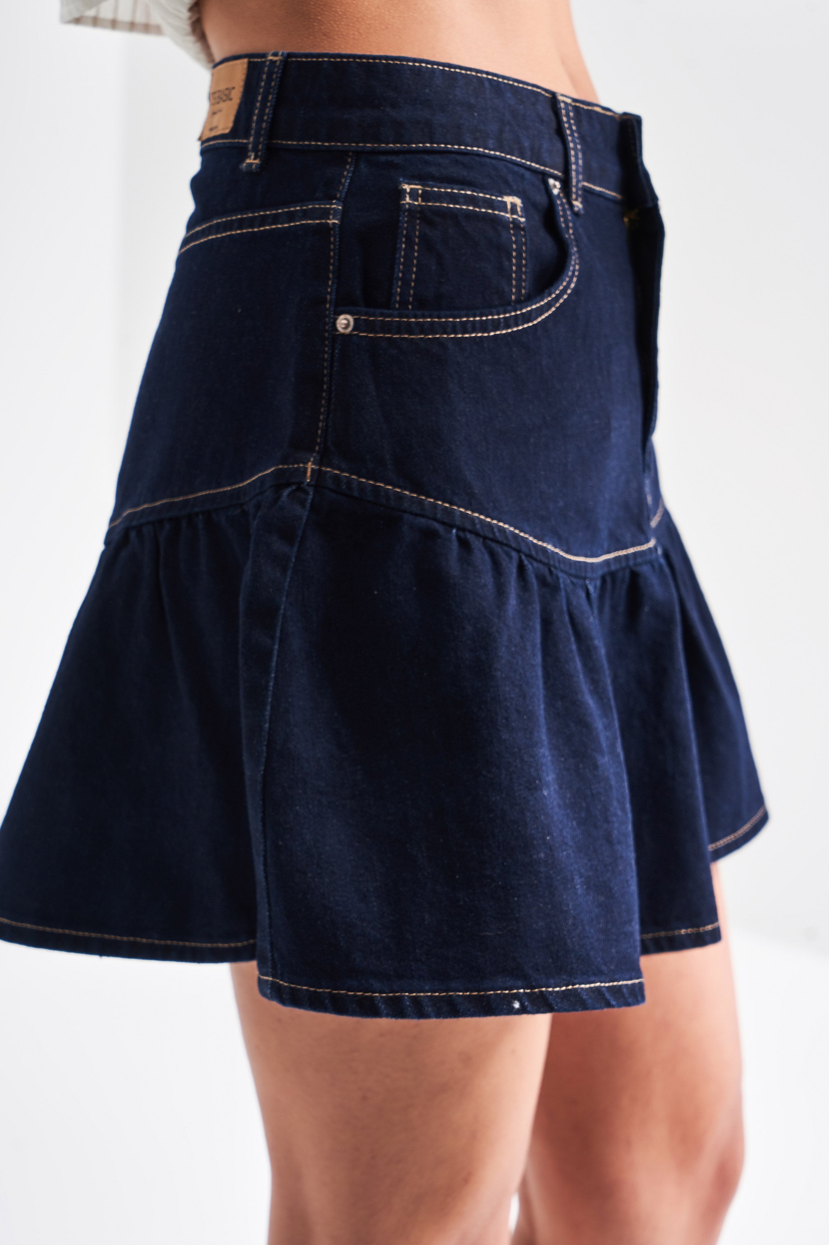 Women's Dark Blue Color 1S5-50 Flounce Super Mini 100% Cotton Denim Skirt