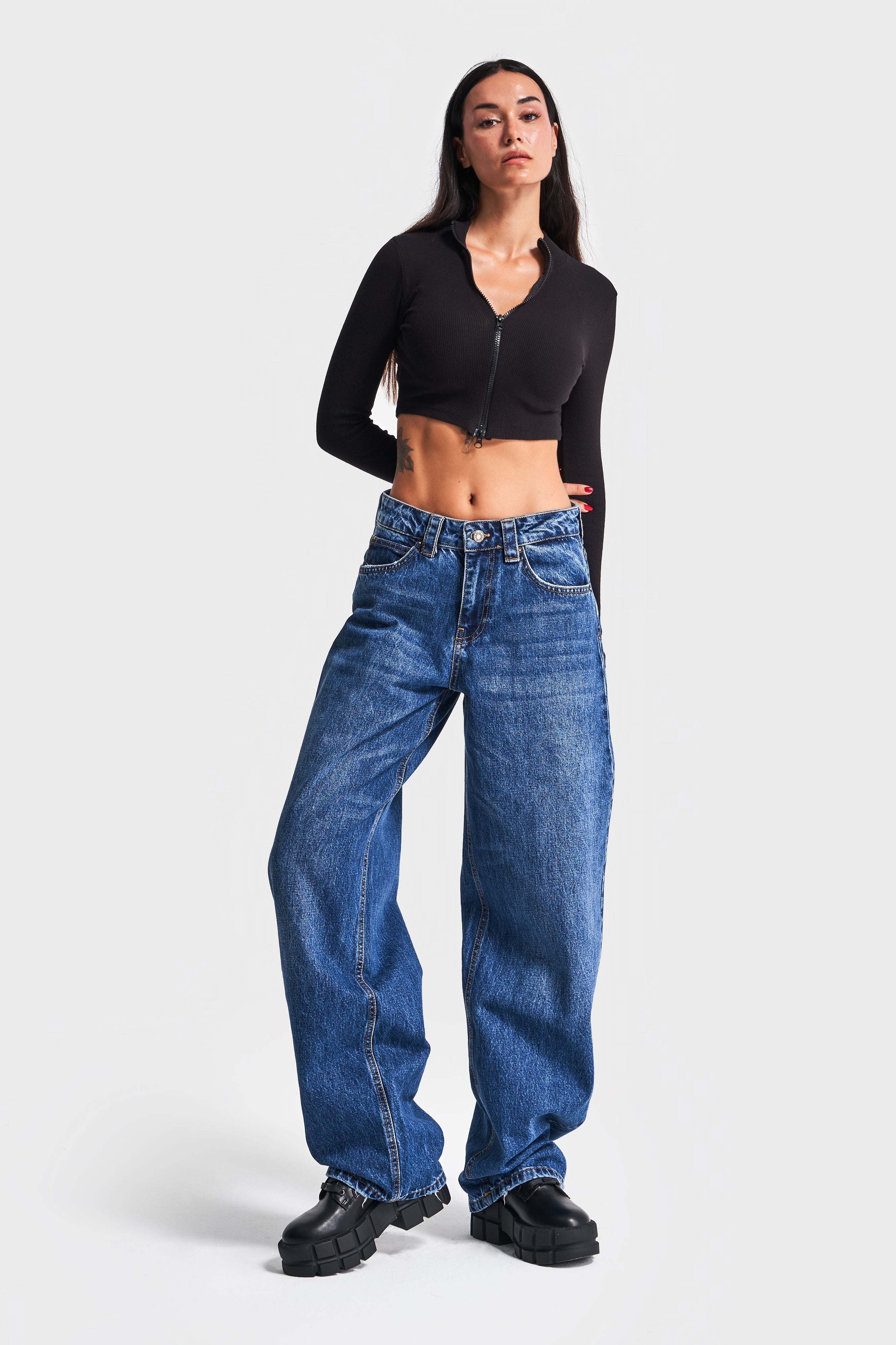 Women's Dark Blue Color Baggy Balloon Fit Loose Cut Denim