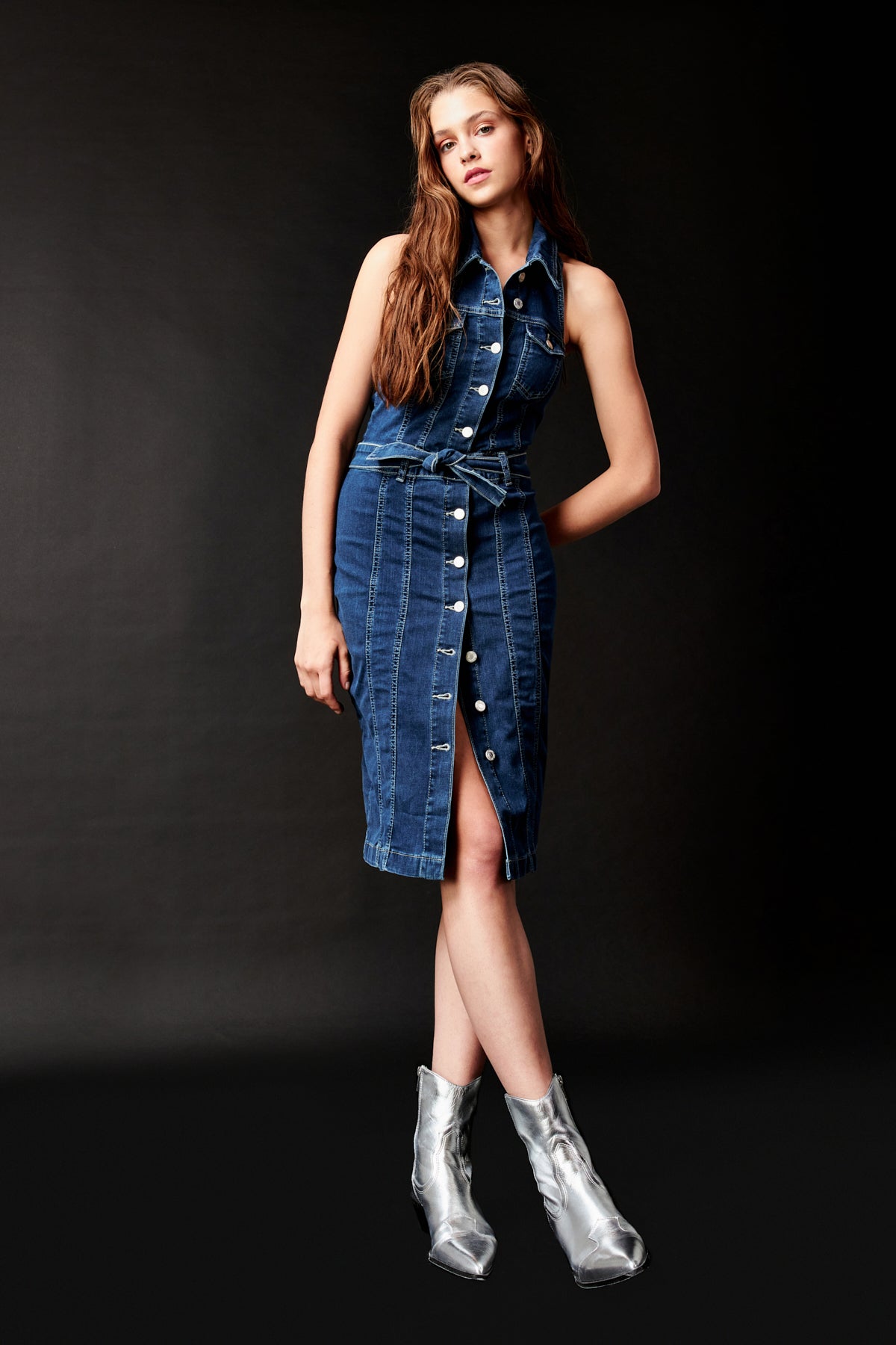 Women's Dark Blue Color Front Buttoned Polo Neck Midi Length Denim Dress