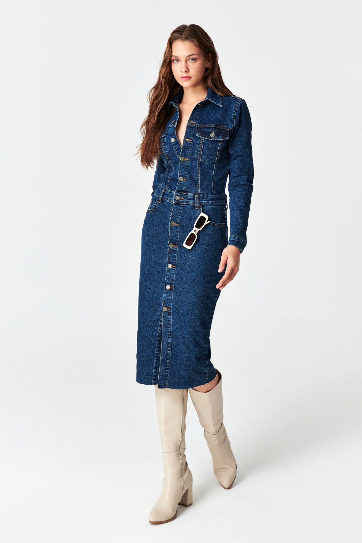 Women's Dark Blue Color Front Buttoned Long Denim Dress