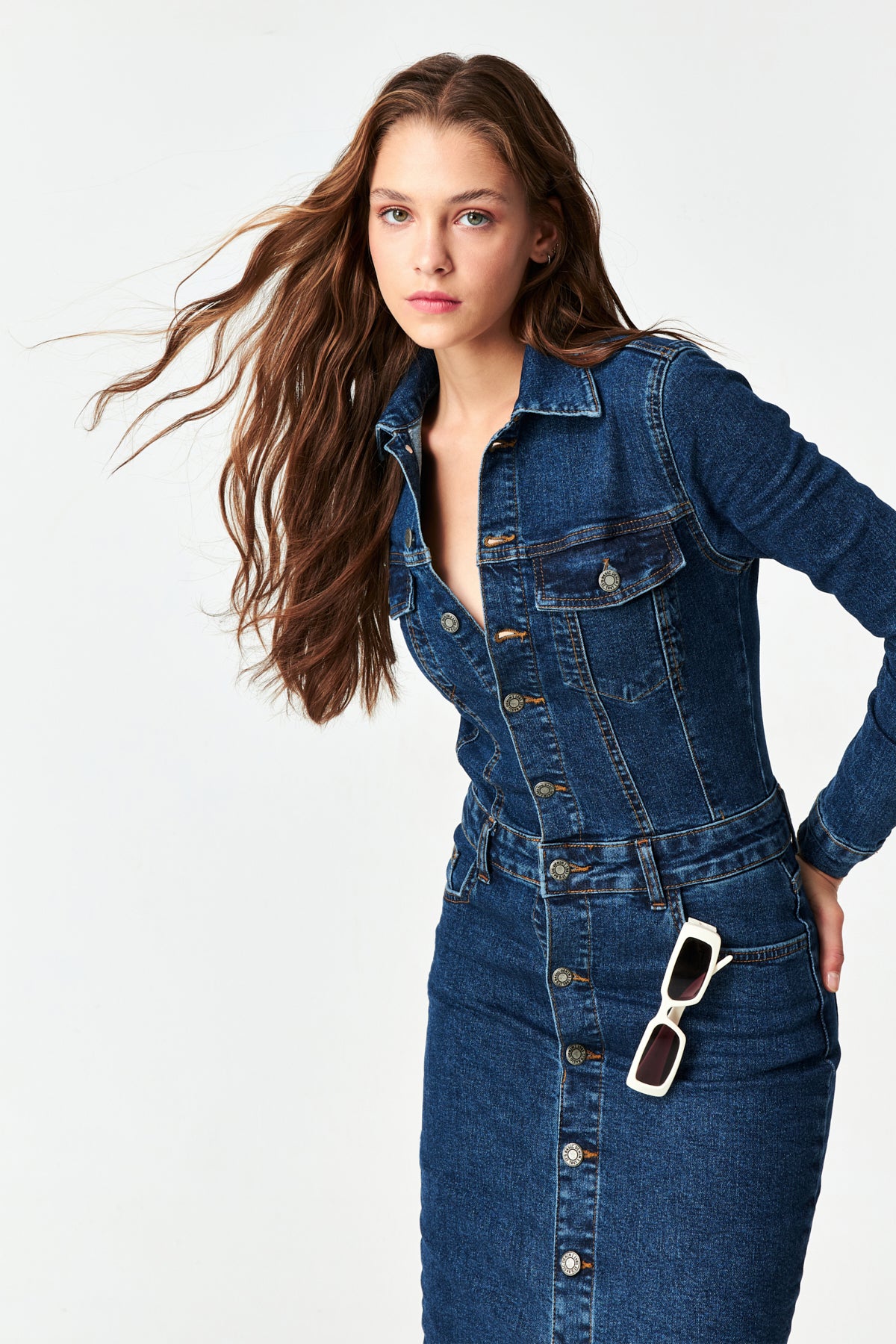 Women's Dark Blue Color Front Buttoned Long Denim Dress