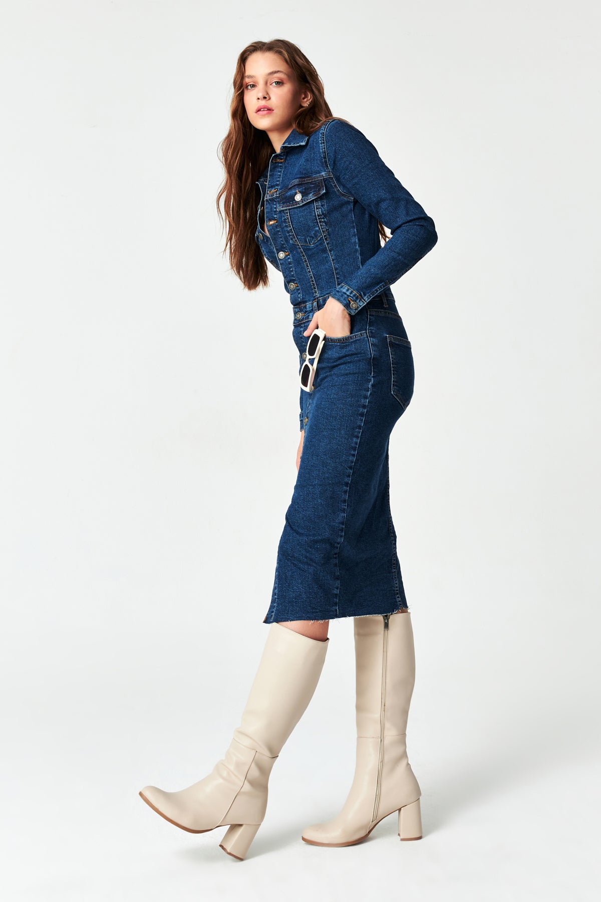 Women's Dark Blue Color Front Buttoned Long Denim Dress