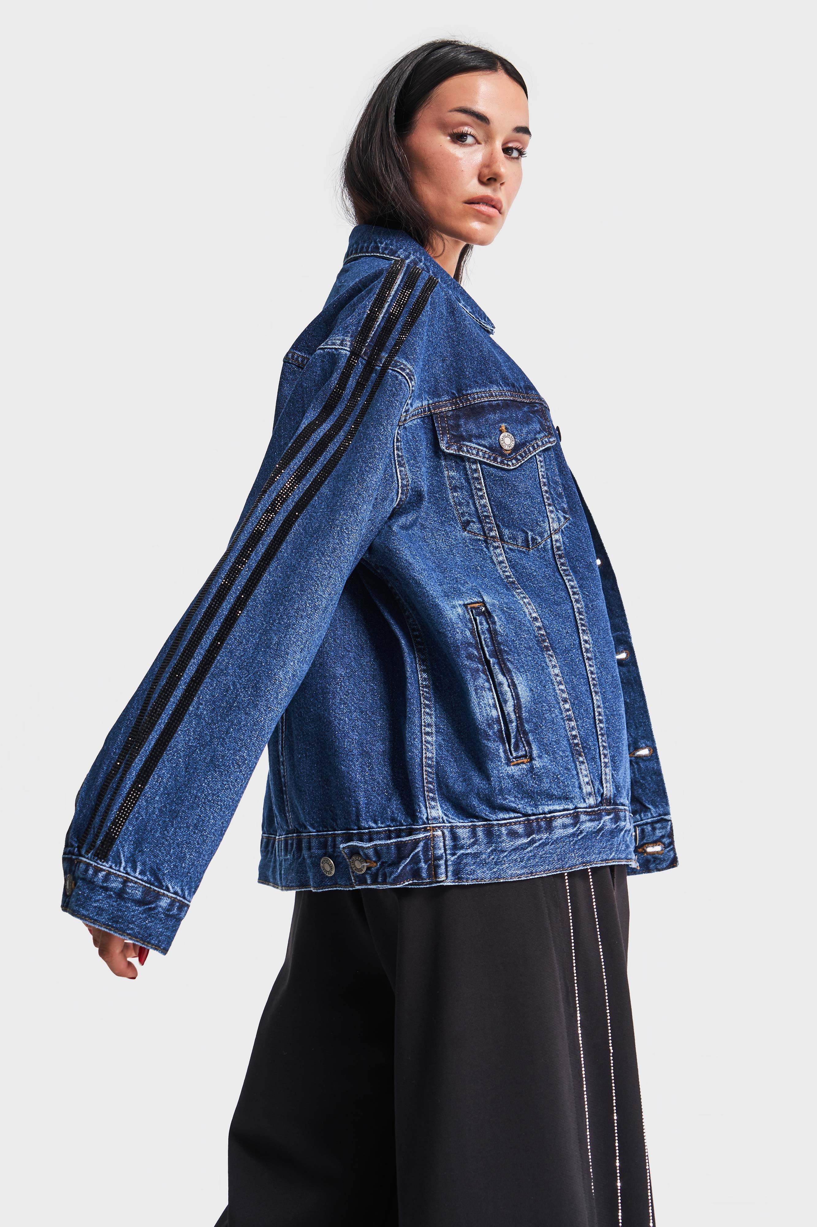 Women's Dark Blue Color Shiny Stone Design Oversize Denim Jacket