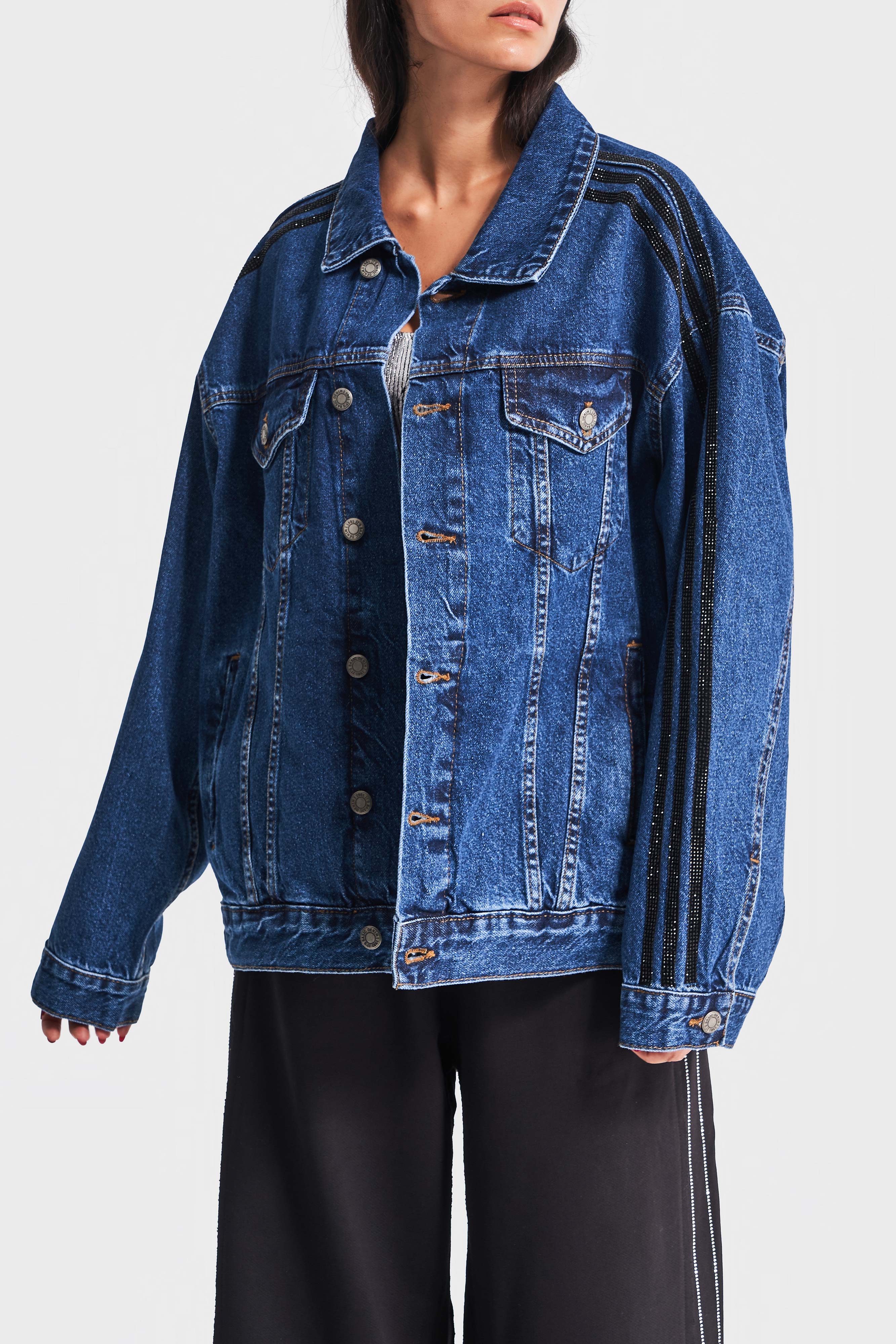 Women's Dark Blue Color Shiny Stone Design Oversize Denim Jacket