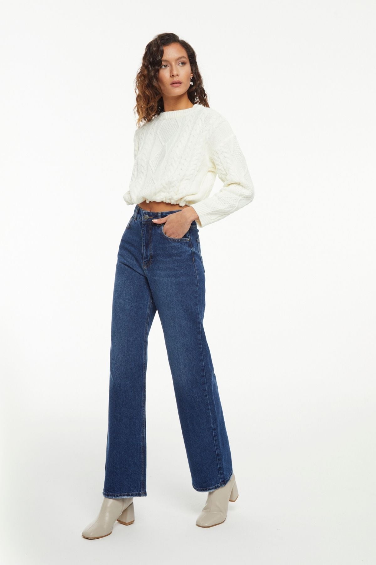 Women's Dark Blue Color Wide Leg Fit High Waist Jeans