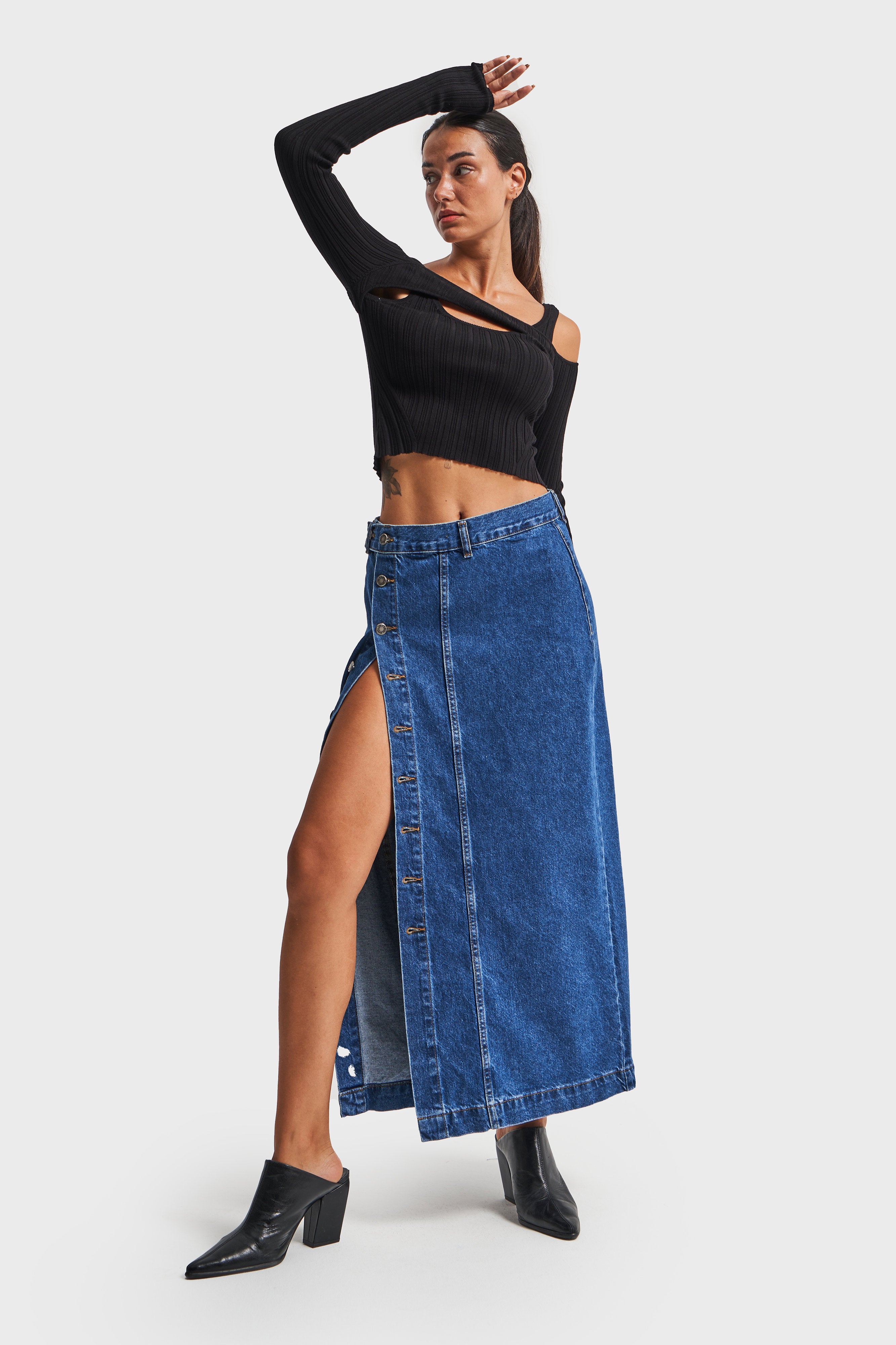 Women's Dark Blue Side Buttoned Straight Fit Denim Skirt