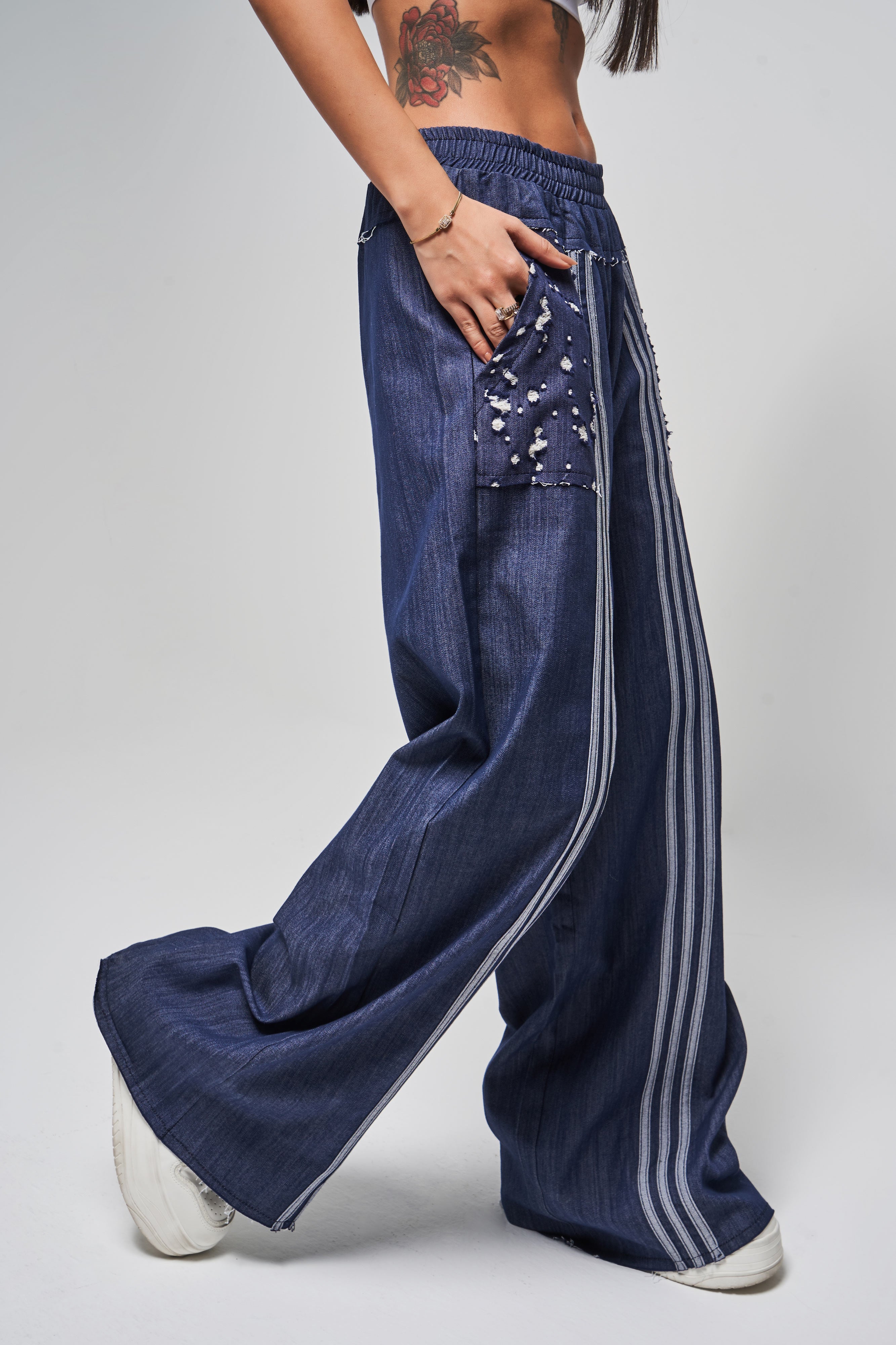 Women's Navy Color Stripe Detailed Loose Cut Design Trousers