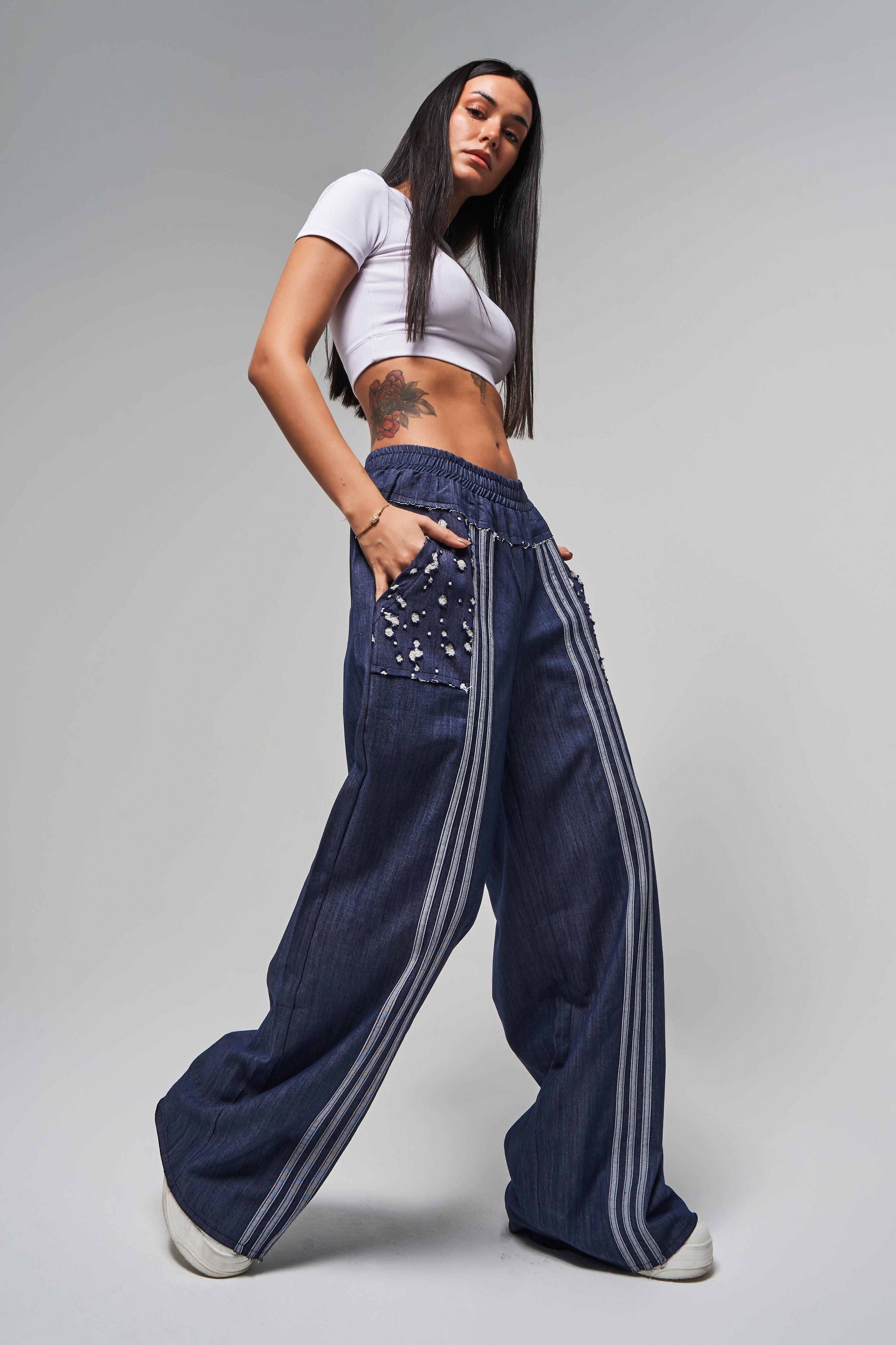 Women's Navy Color Stripe Detailed Loose Cut Design Trousers