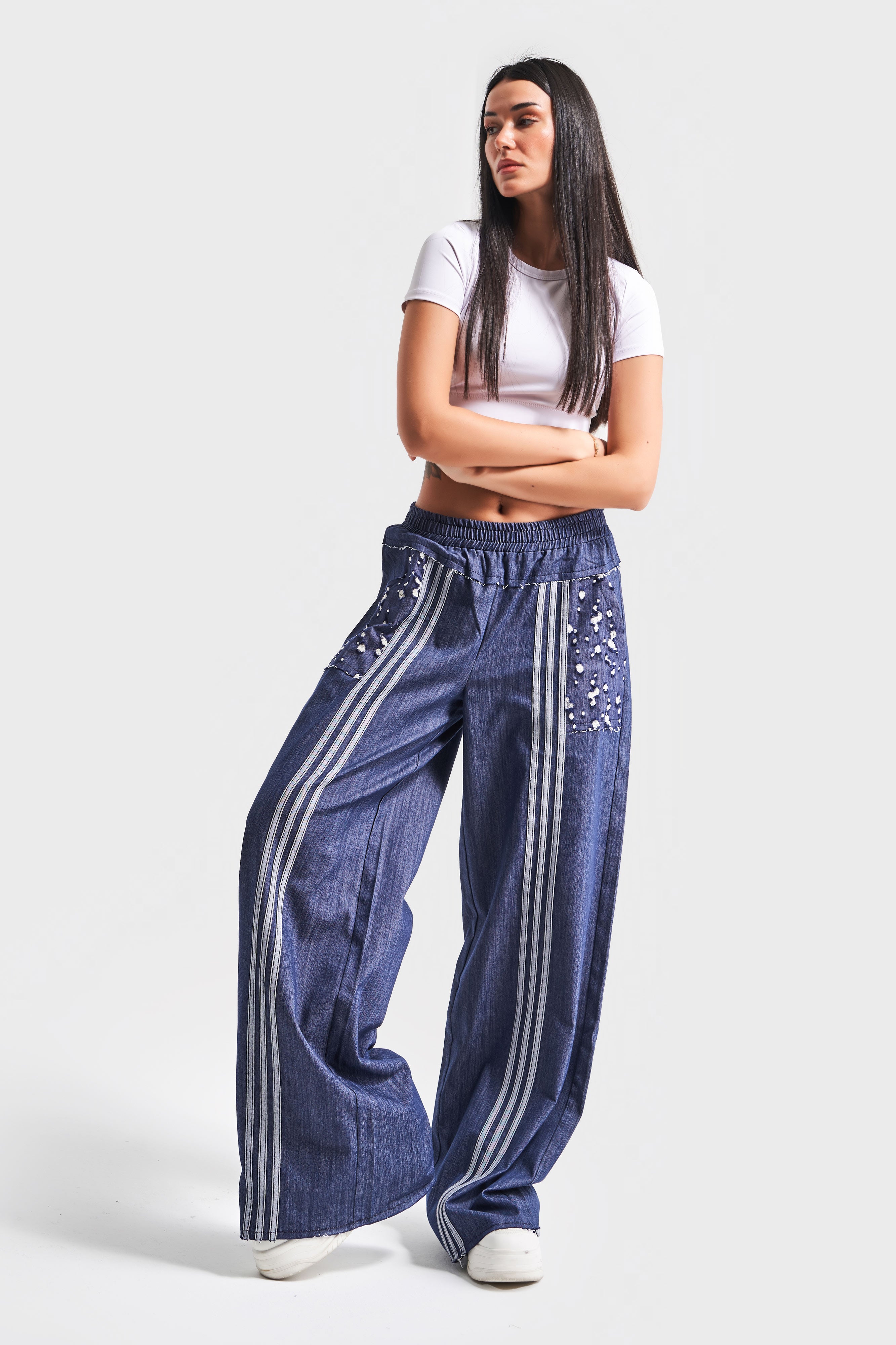 Women's Navy Color Stripe Detailed Loose Cut Design Trousers