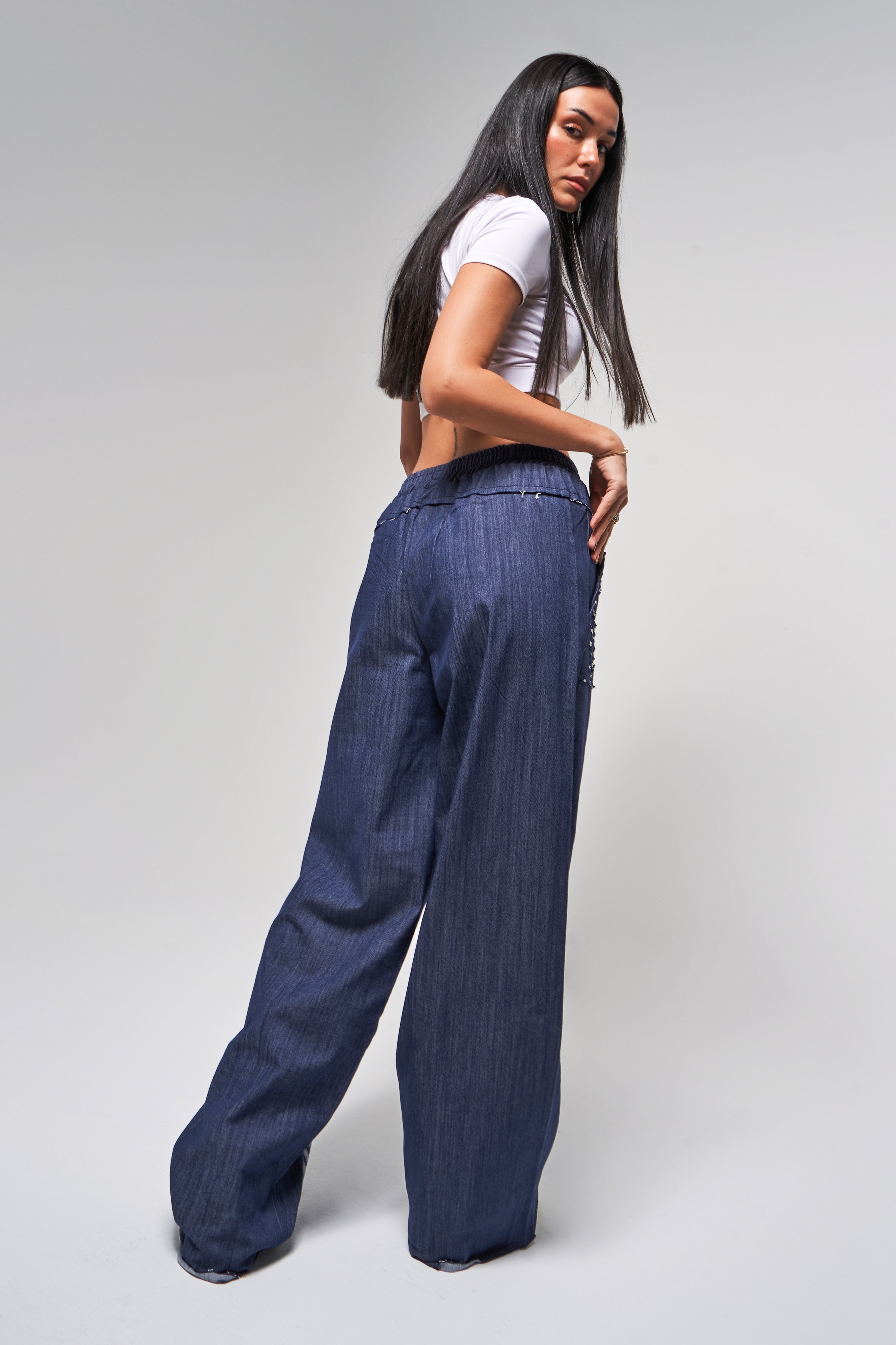 Women's Navy Color Stripe Detailed Loose Cut Design Trousers