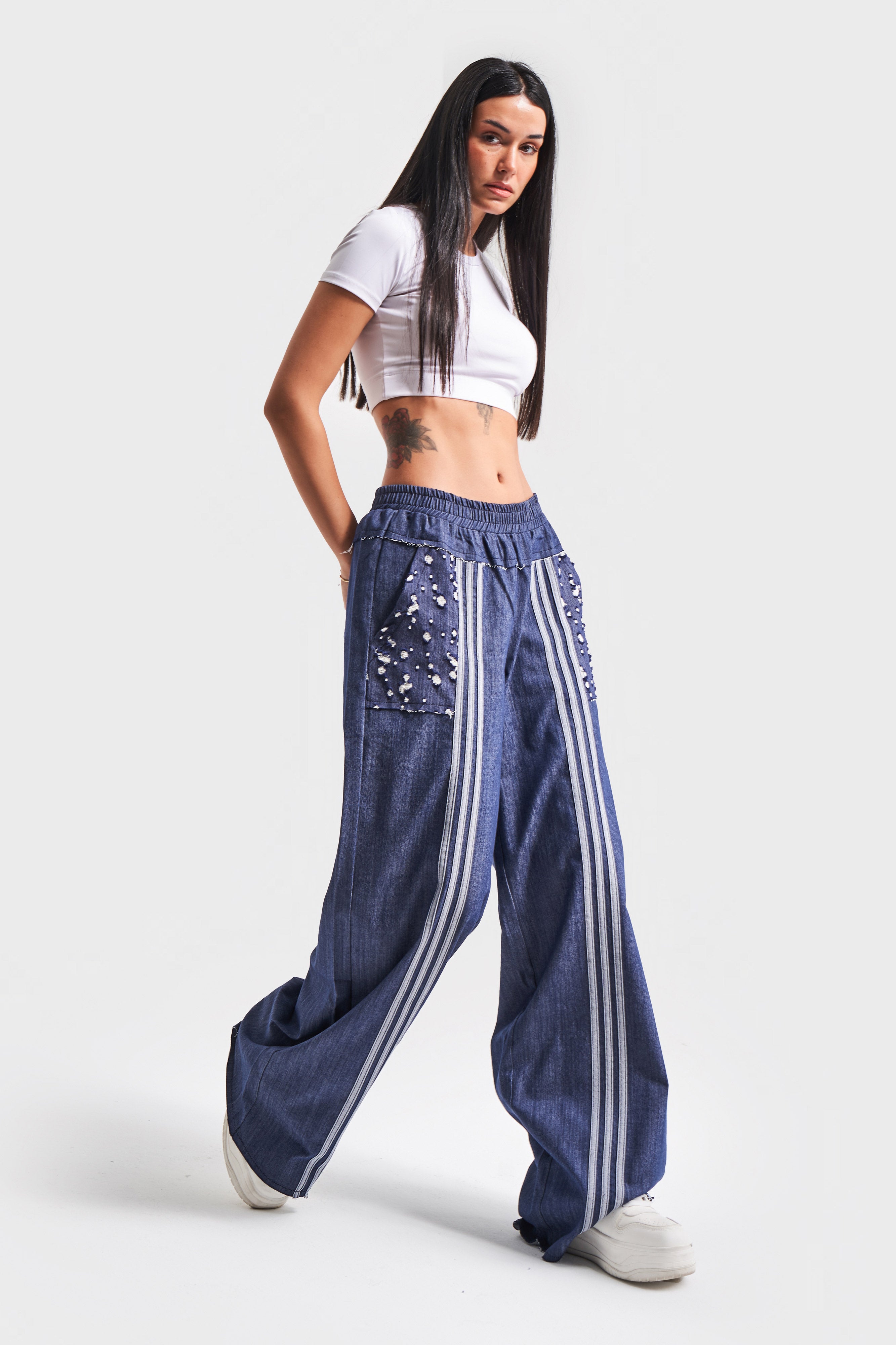 Women's Navy Color Stripe Detailed Loose Cut Design Trousers