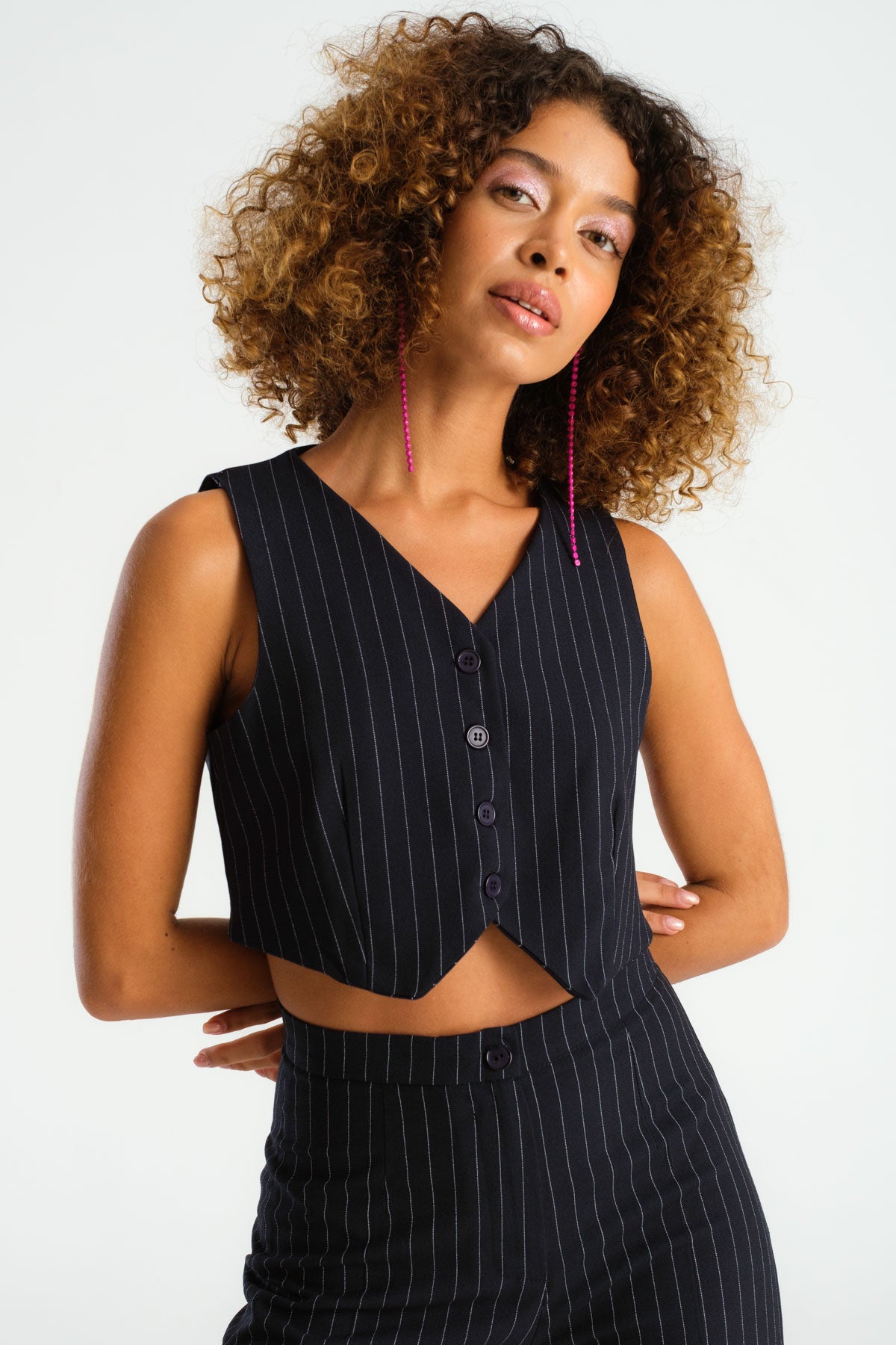 Women's Navy Blue Striped Color Front Button Crop Fit Fabric Vest