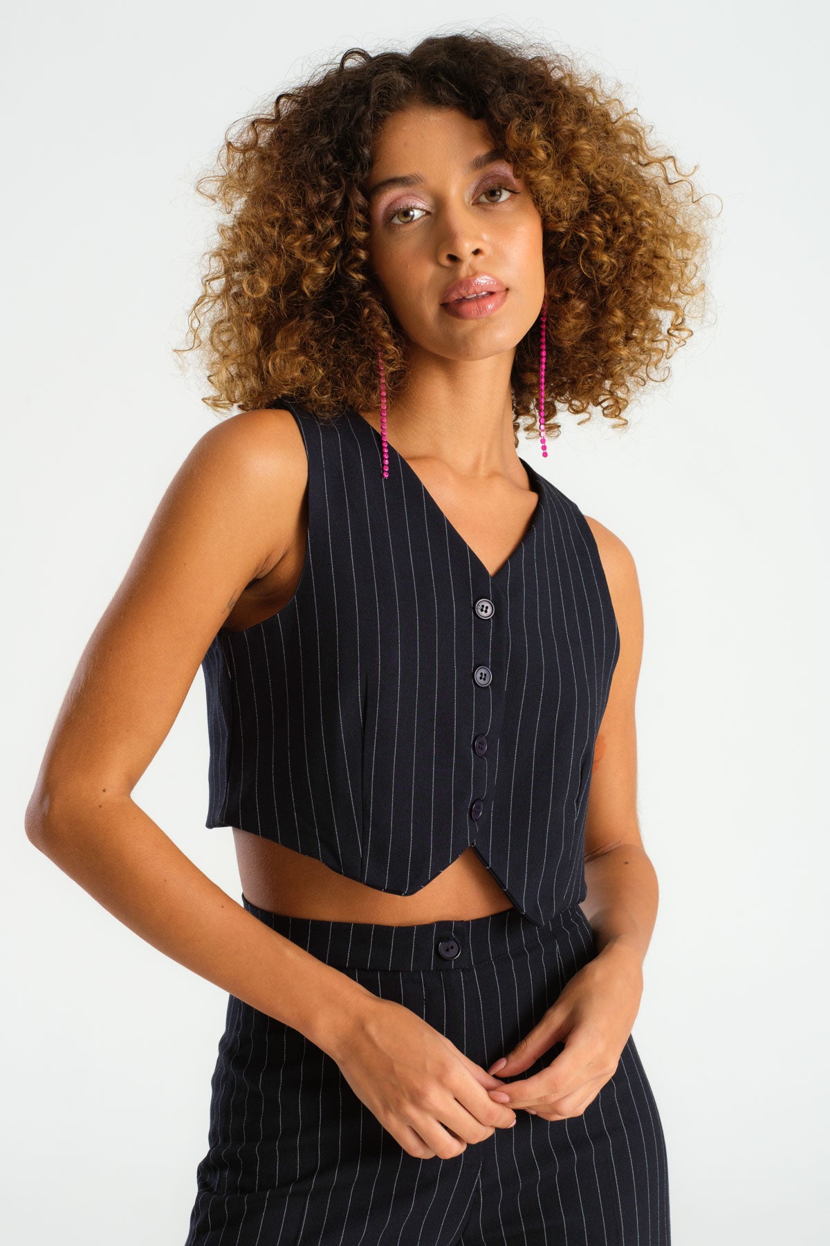 Women's Navy Blue Striped Color Front Button Crop Fit Fabric Vest