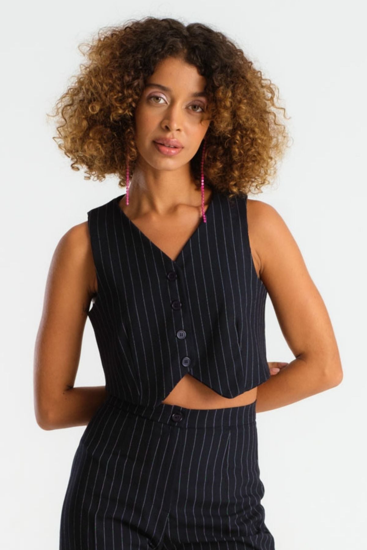 Women's Navy Blue Striped Color Front Button Crop Fit Fabric Vest