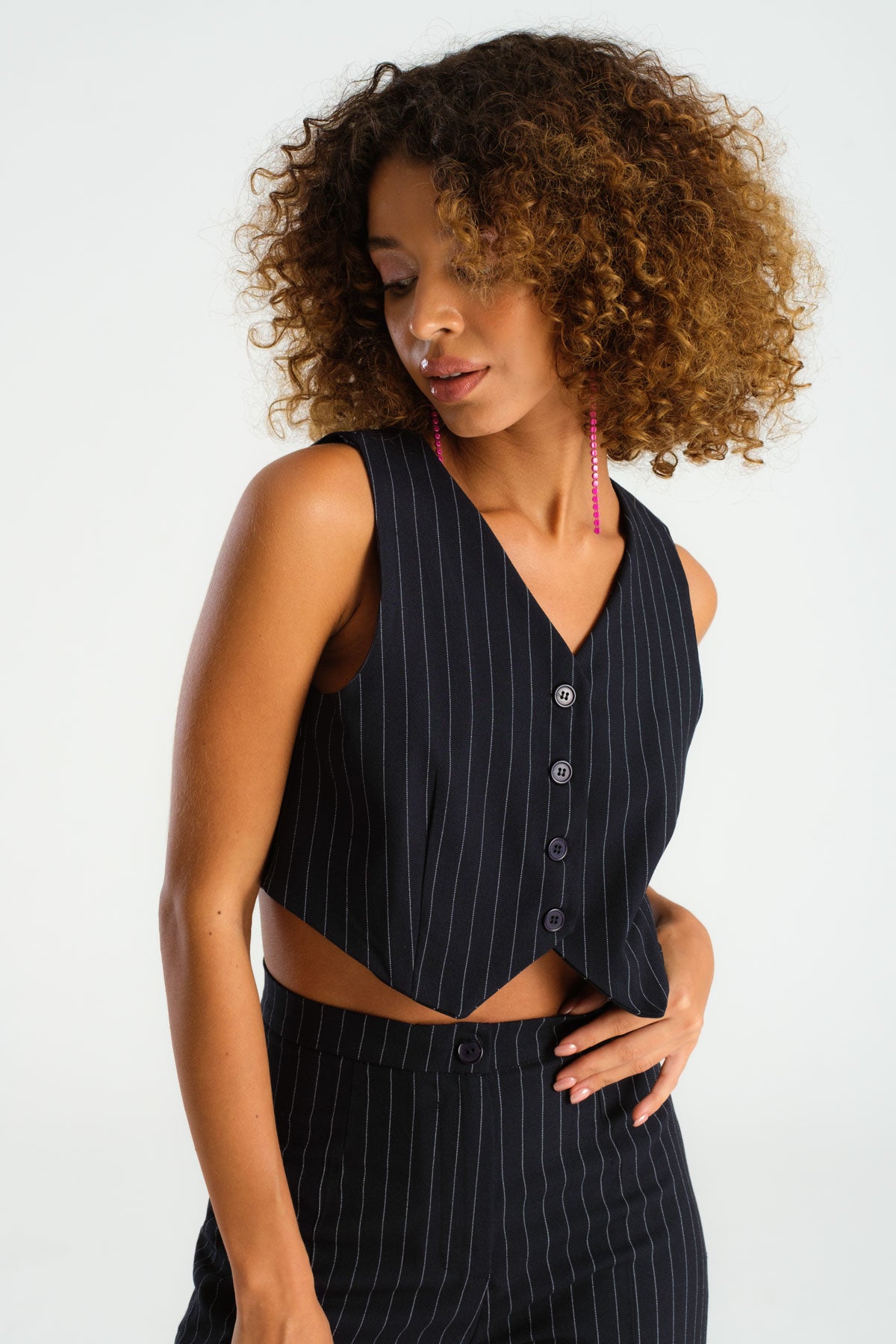 Women's Navy Blue Striped Color Front Button Crop Fit Fabric Vest