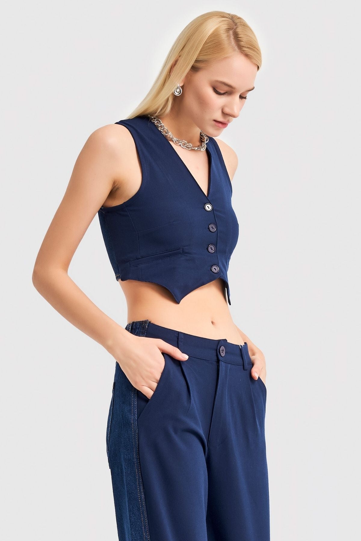 Women's Navy Blue Denim Color Double-Piece Front Button Crop Vest