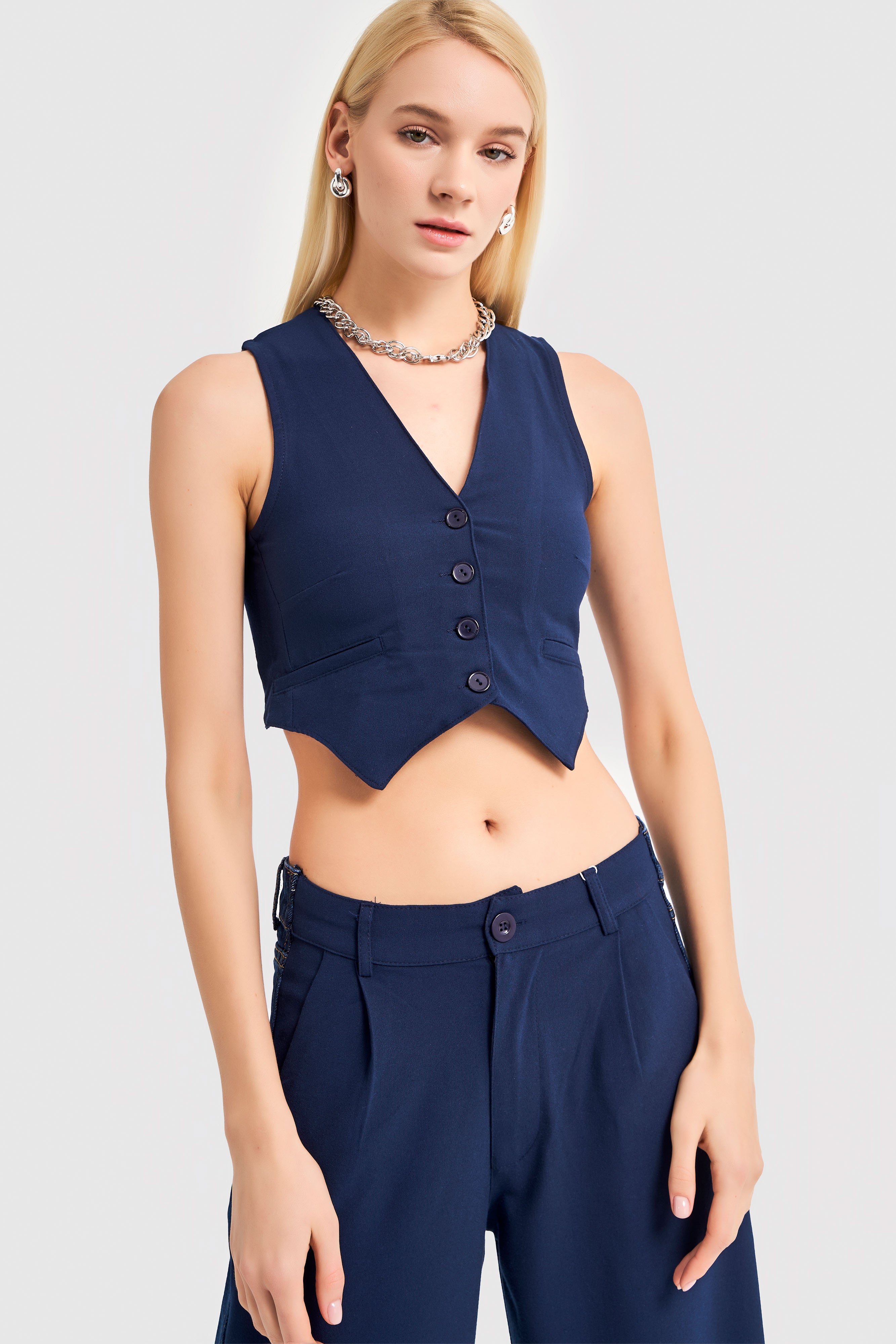 Women's Navy Blue Denim Color Double-Piece Front Button Crop Vest