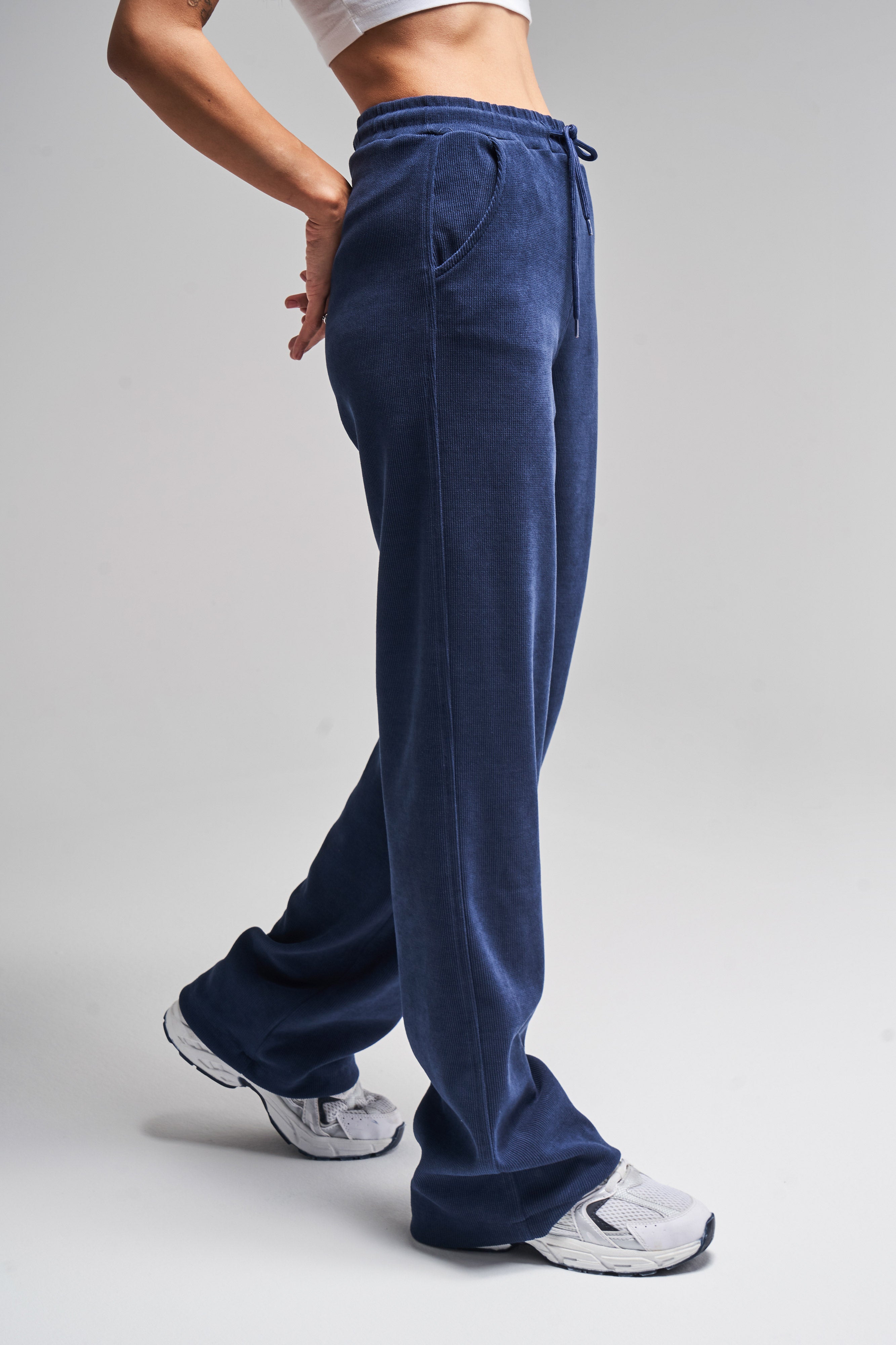 Women's Navy Blue Color 1w456 Thin Ribbed Knitted Flexible Velvet Fabric Trousers