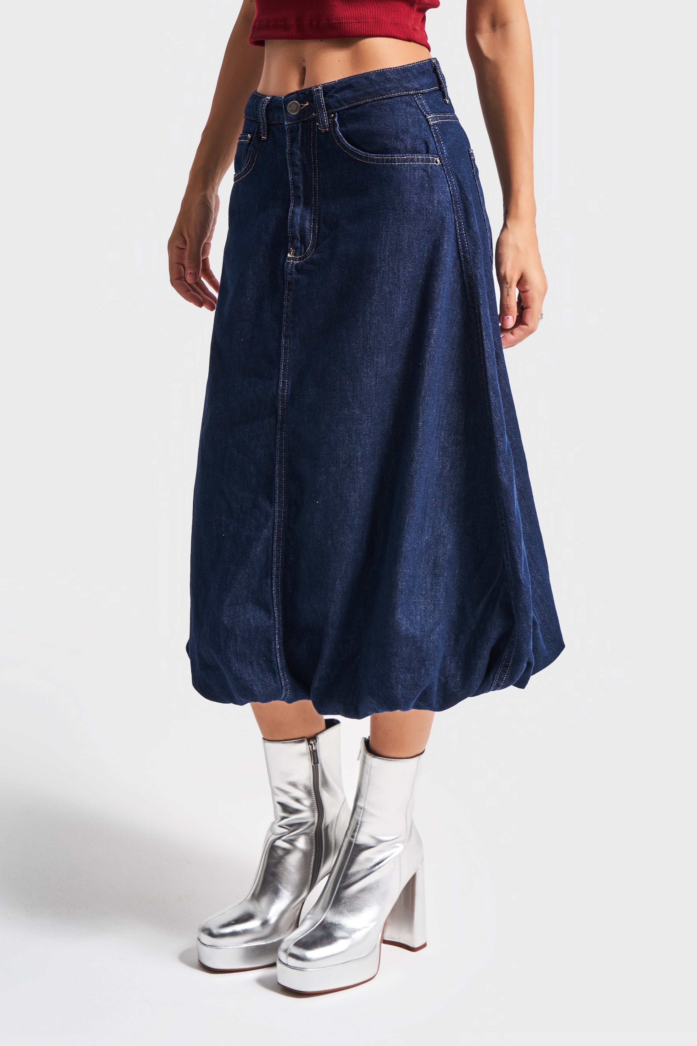 Women's Navy Blue Color 7w450 Midi Length Balloon Fit 100% Cotton Denim Skirt