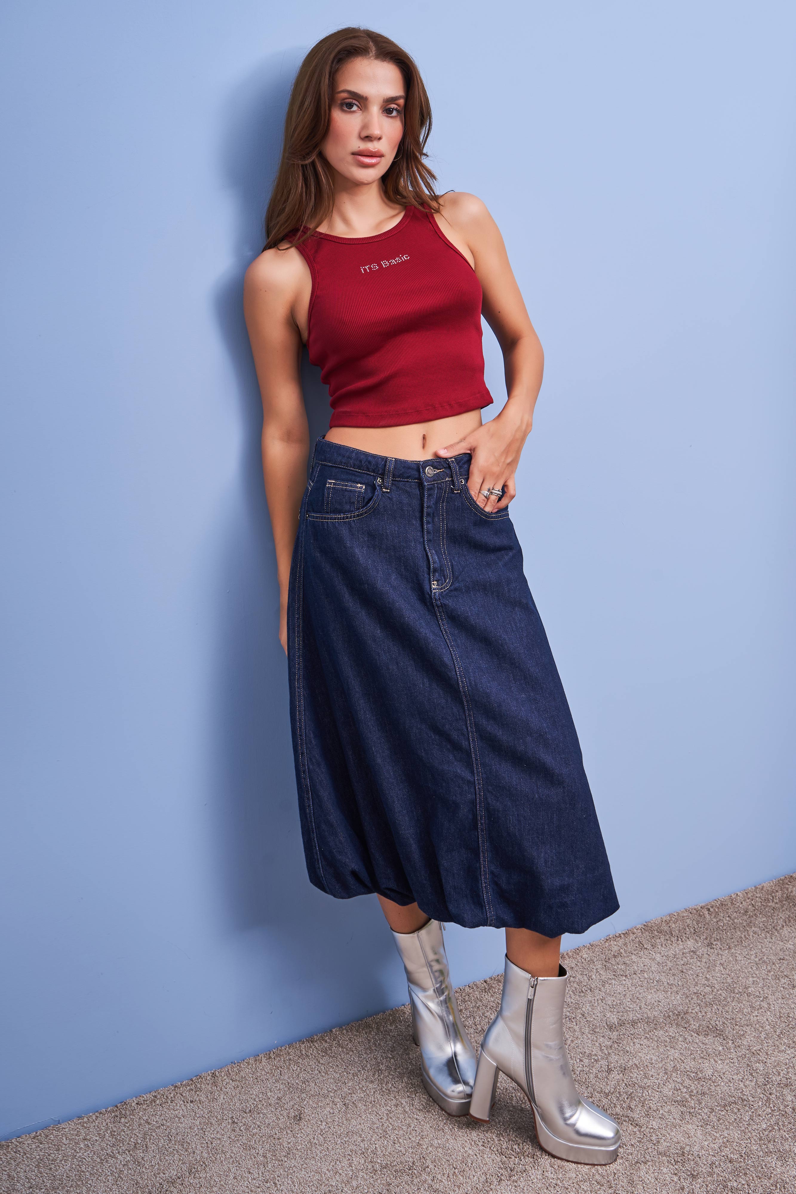 Women's Navy Blue Color 7w450 Midi Length Balloon Fit 100% Cotton Denim Skirt