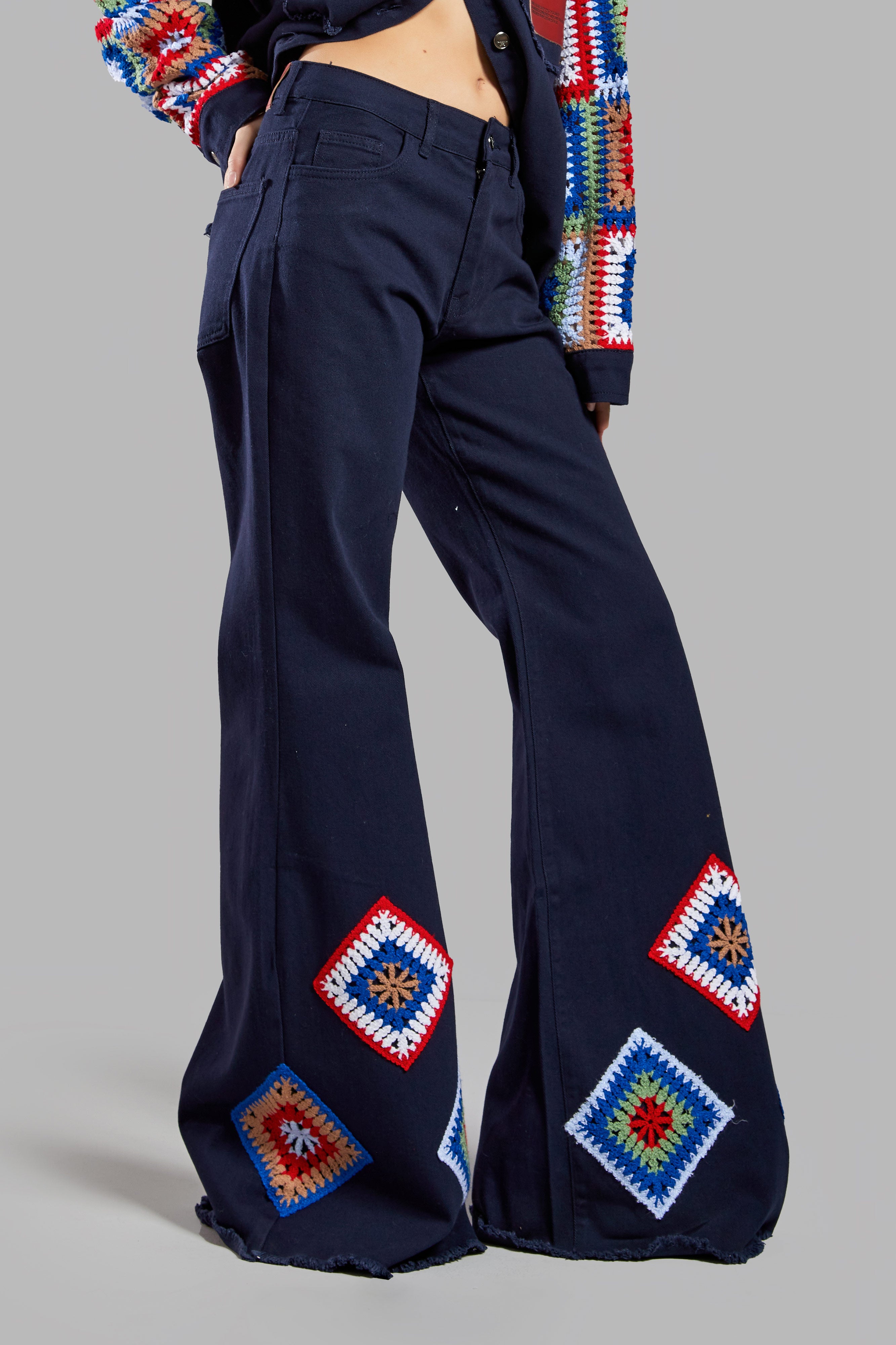 Women's Navy Blue Color Ethnic Patterned Flare Fit Design Denim