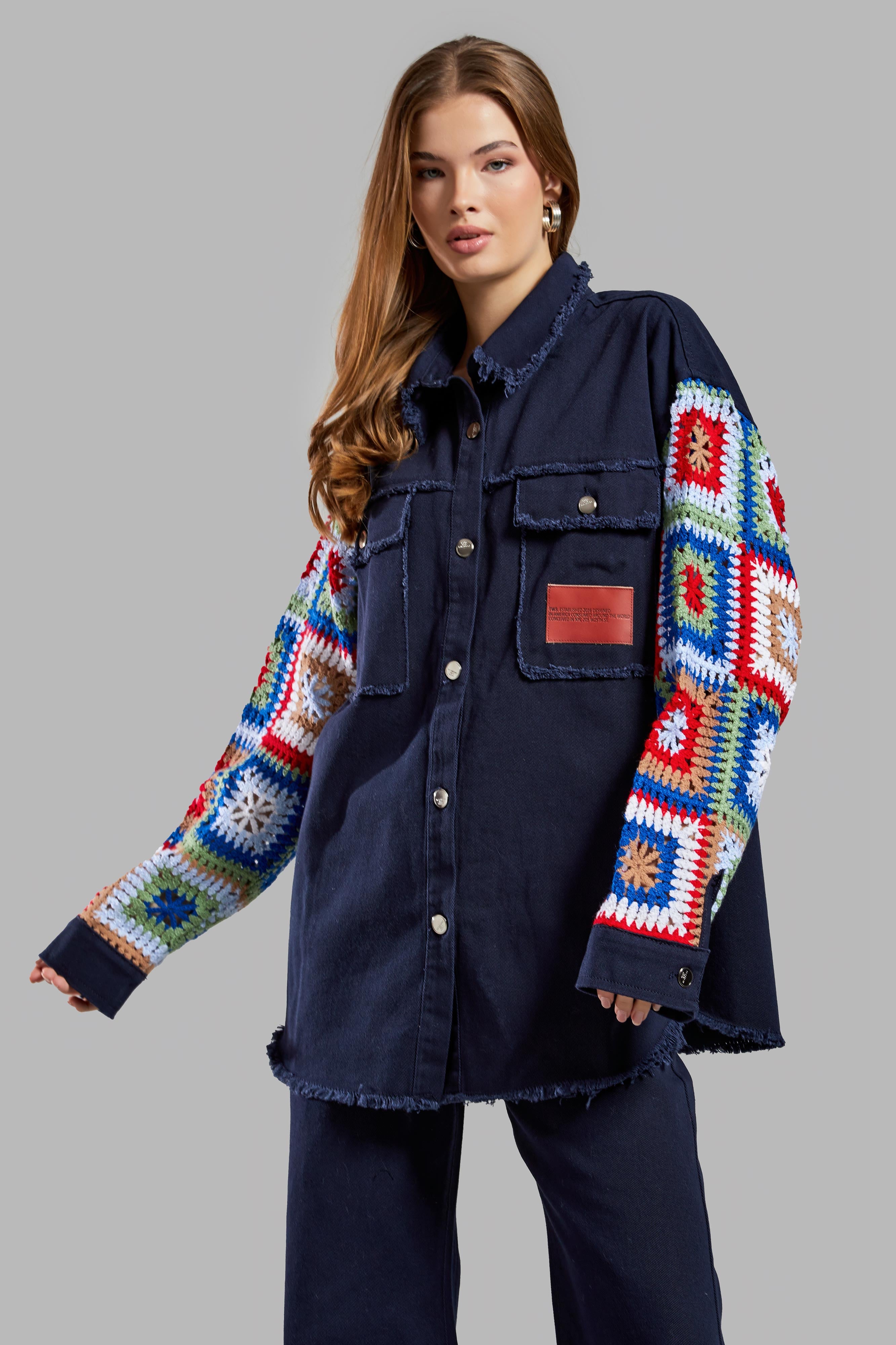 Women's Navy Blue Color Ethnic Patterned Oversize Design Jacket