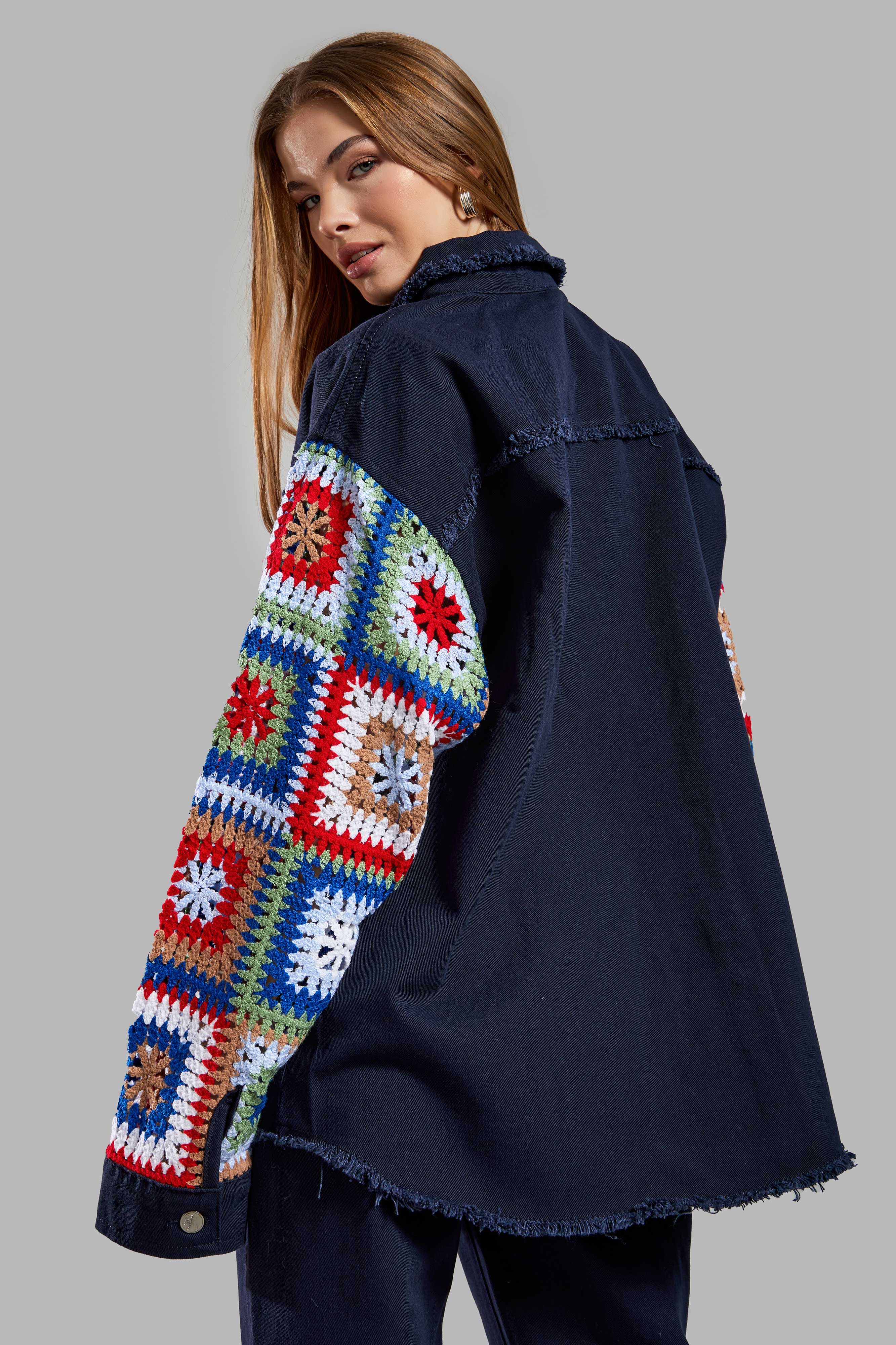 Women's Navy Blue Color Ethnic Patterned Oversize Design Jacket