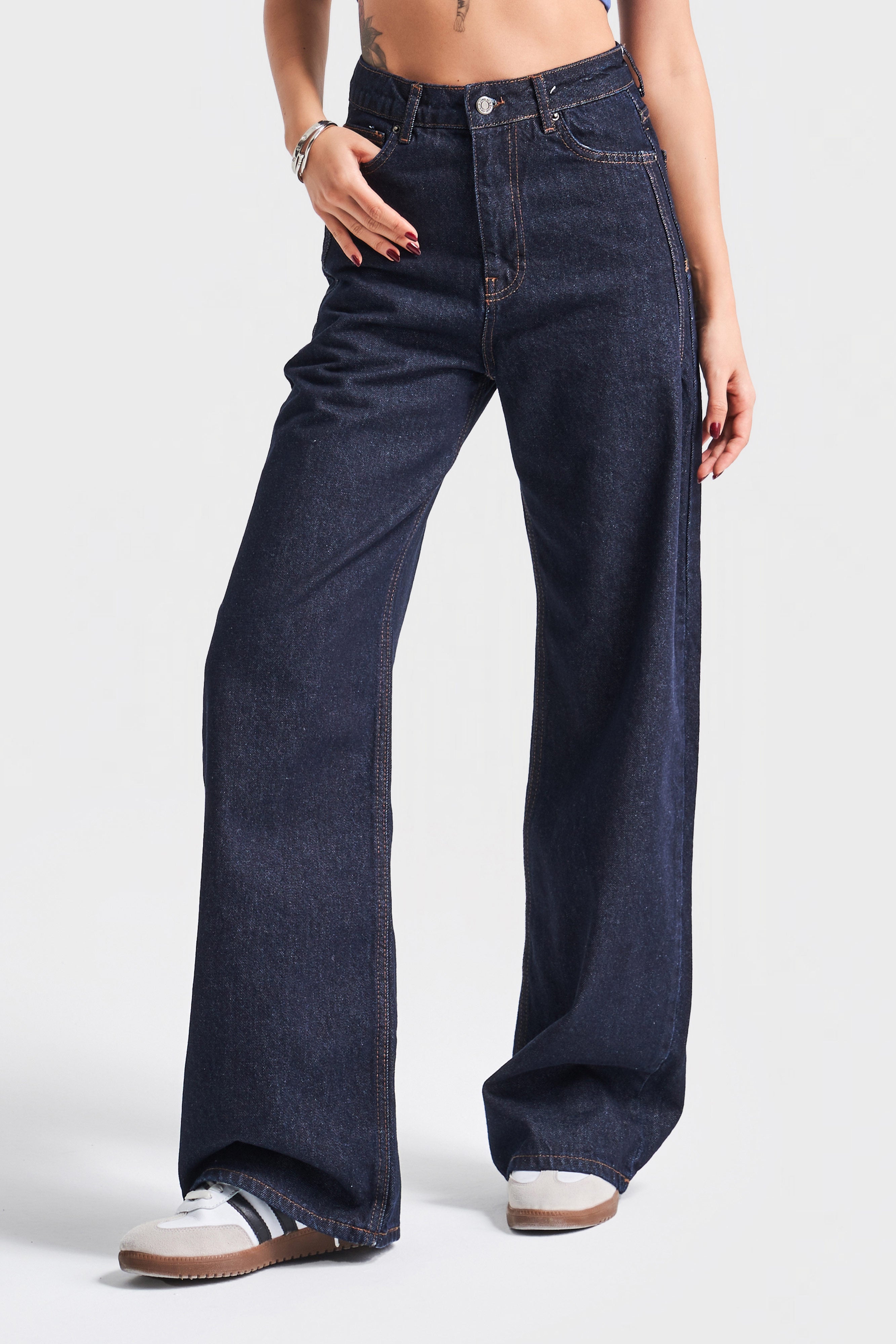 Kadın Lacivert Su Yıkama 7W4-50 Wide Leg Fit %100 Koton Denim Jean